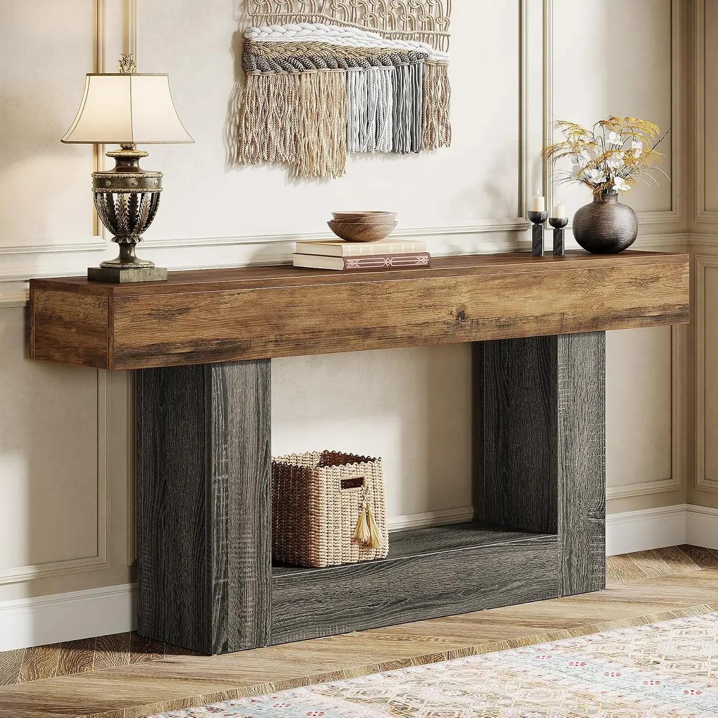 Tribesigns 63" Console Table, Farmhouse 2-Tier Entryway Table with U-Shaped Base, Narrow Long Wood Sofa Table Behind Couch Table for Living Room, Hallway, Foyer, Vintage Brown &amp; Gray | Farmhouse, Entryway Table, Narrow, Long, Sofa Table, Beh