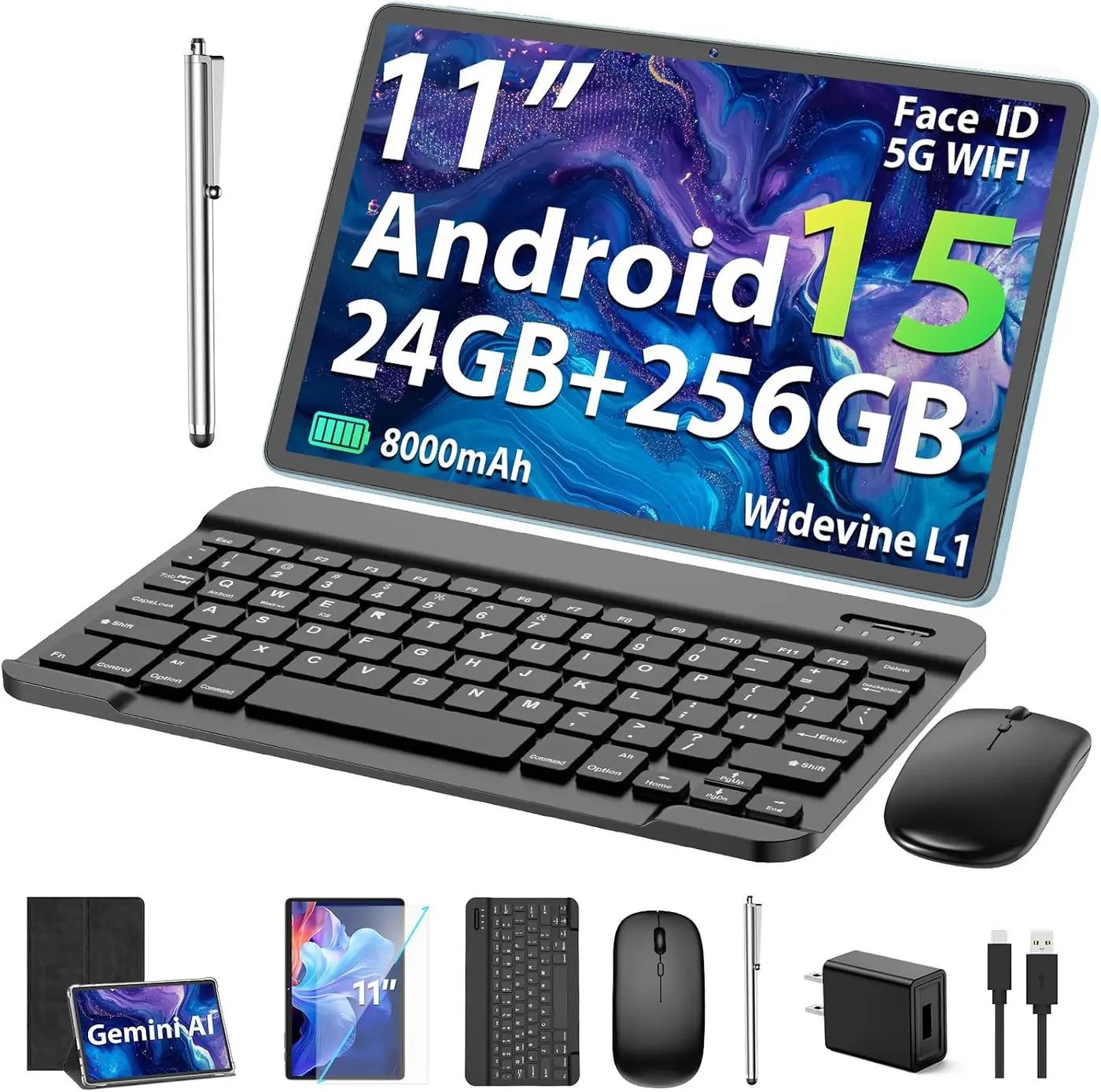Suicoey 2026 11 inch Android 15 Tablet with Keyboard, 24GB+256GB, 2TB Expand, 8000mAh, 5MP+13MP, 5G WiFi, Gemini AI, Split Screen, Widevine L1, 2 in 1 Tablets PC with Case, Mouse, Stylus(Black Case)