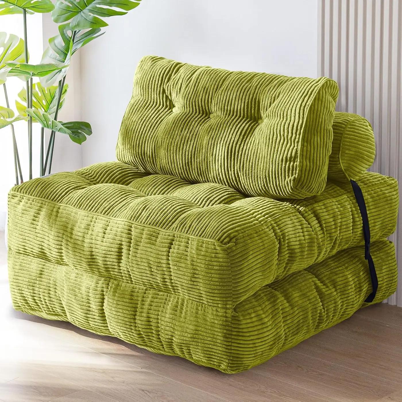 MAXYOYO Folding Sofa Bed, Convertible Sleeper Chair with Pillow Foldable Mattress with Back Support, Portable Fold Out Chair Bed Comfy Floor Sofa Lounge for Living Room Bedroom, Beige, Green Global Recycled Standard