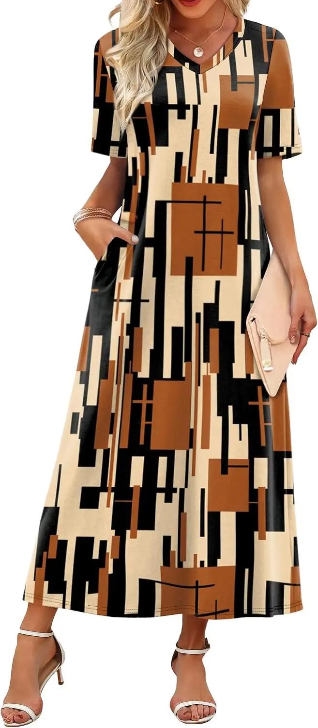 WIHOLL Women's Maxi Dresses V Neck Vacation Beach Sundresses Floral Travel Summer Dress OEKO-TEX STANDARD 100