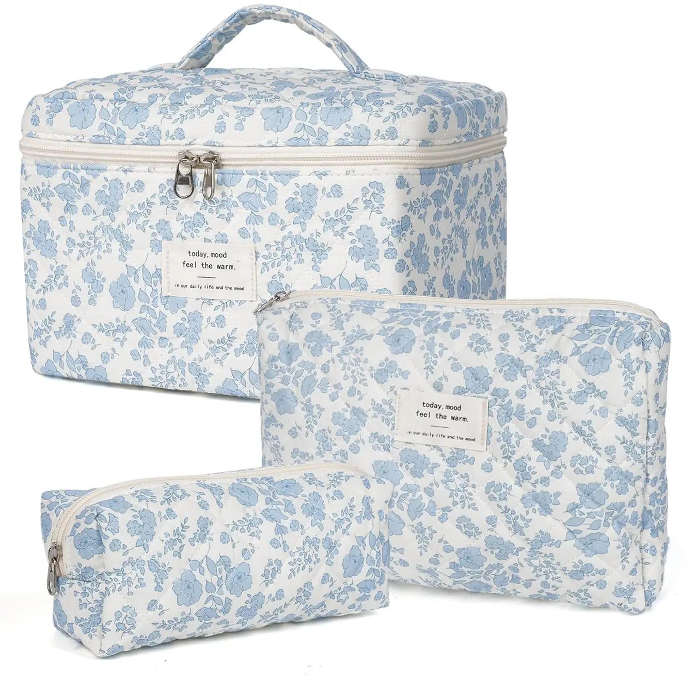 honitty Makeup Bag,Quilted Cosmetic Bag,Large Floral Make Up Bag for Women,Cotton Makeup Bag Set,Flower Travel Toiletry Bag