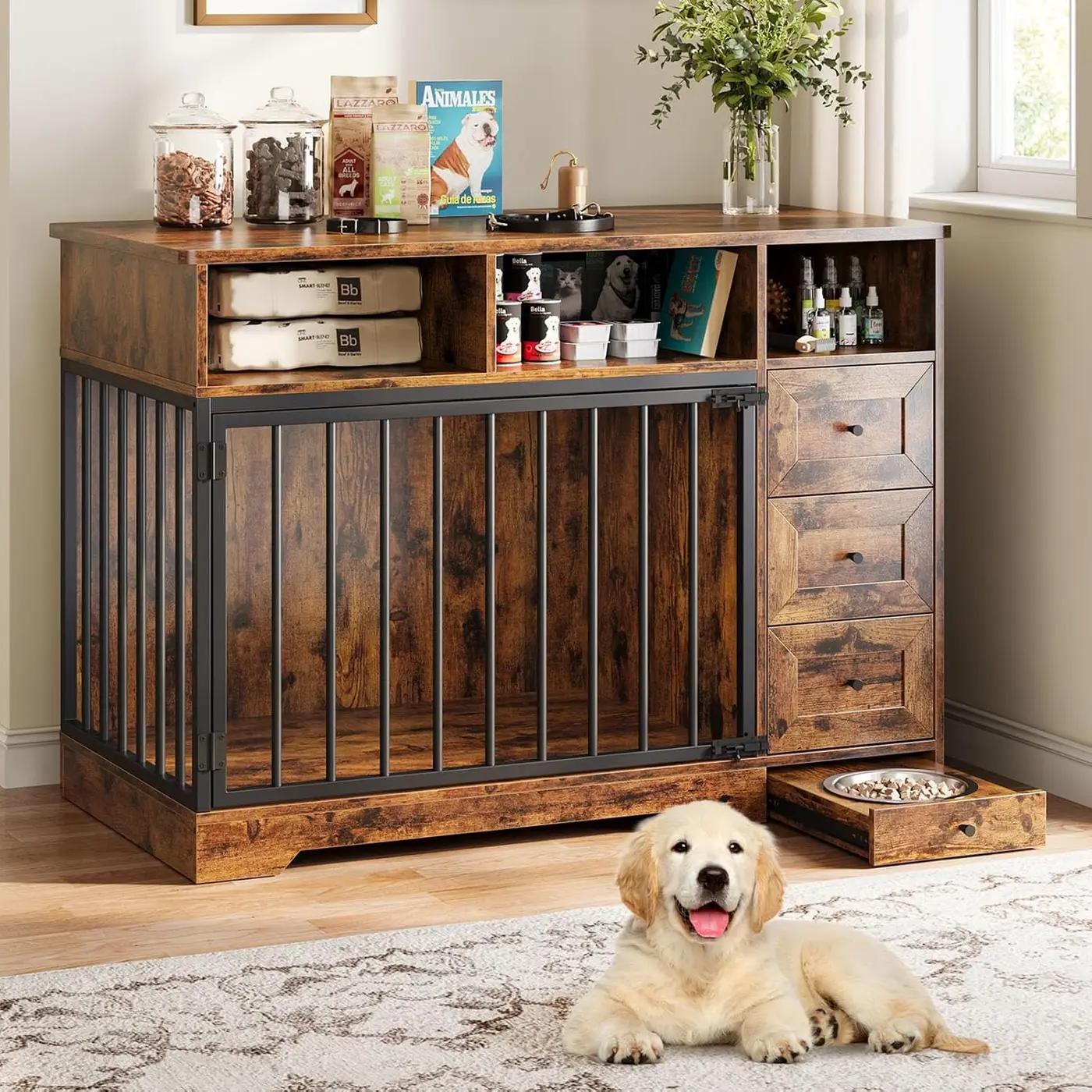 GarveeLife 48'' Dog Crate Furniture, Farmhouse Heavy Duty Dog Kennel with Bowl &amp; Storage Drawers, Medium Dog Cage End Table for Small Medium Dogs, Retro Brown