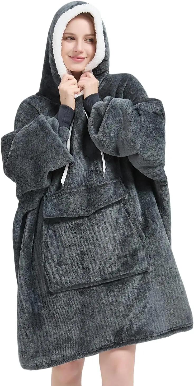 Qeils Qeils Wearable Blanket Hoodie for Women, Comfy Sherpa Sweatshirt Blanket as Birthday Christmas Gifts, Oversized Pullover Jacket Blanket Hoodie for Adult (Dark Grey, Adult) OEKO-TEX STANDARD 100