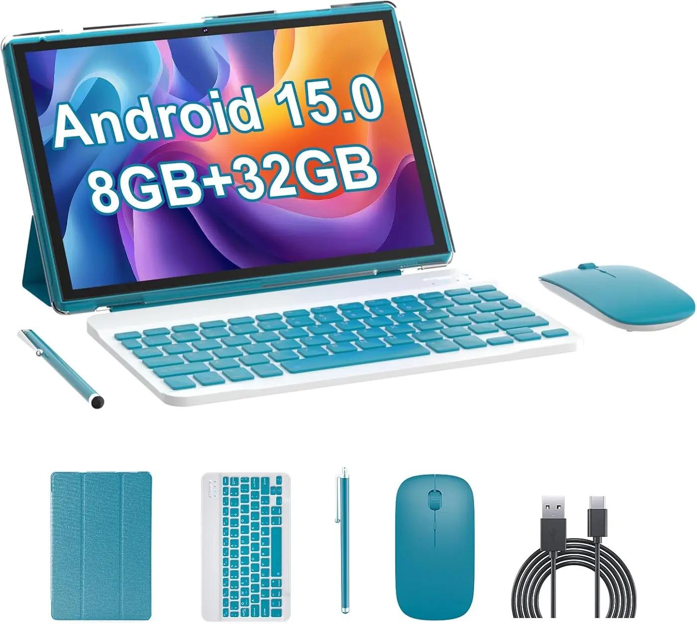 Tablet Android 15, 2 in 1 Tablets 10 inch with Keyboard Mouse Case Stylus, 8GB+32GB+1TB Expand, 1280 * 800 IPS Touch Screen Computer, 5G WiFi 6, L1, Long Battery Life Tablet （Green）