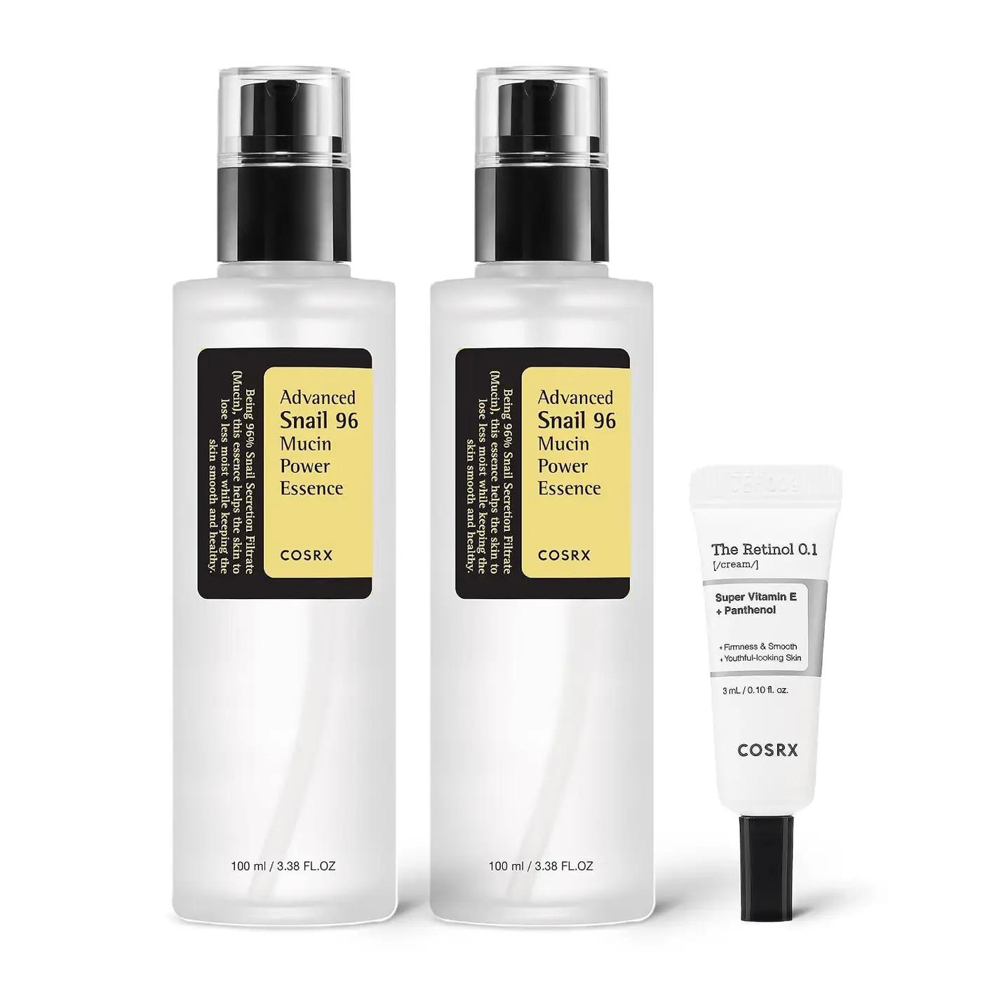 COSRX Snail 96% Mucin Power Essence 2ea &amp; Retinol 0.1% Cream Mini Sample 1ea, Glass Skin Starter Set, Amazon Exclusive, Daily Hydrating &amp; Firming Korean Skin Care Kit, Gift Set
