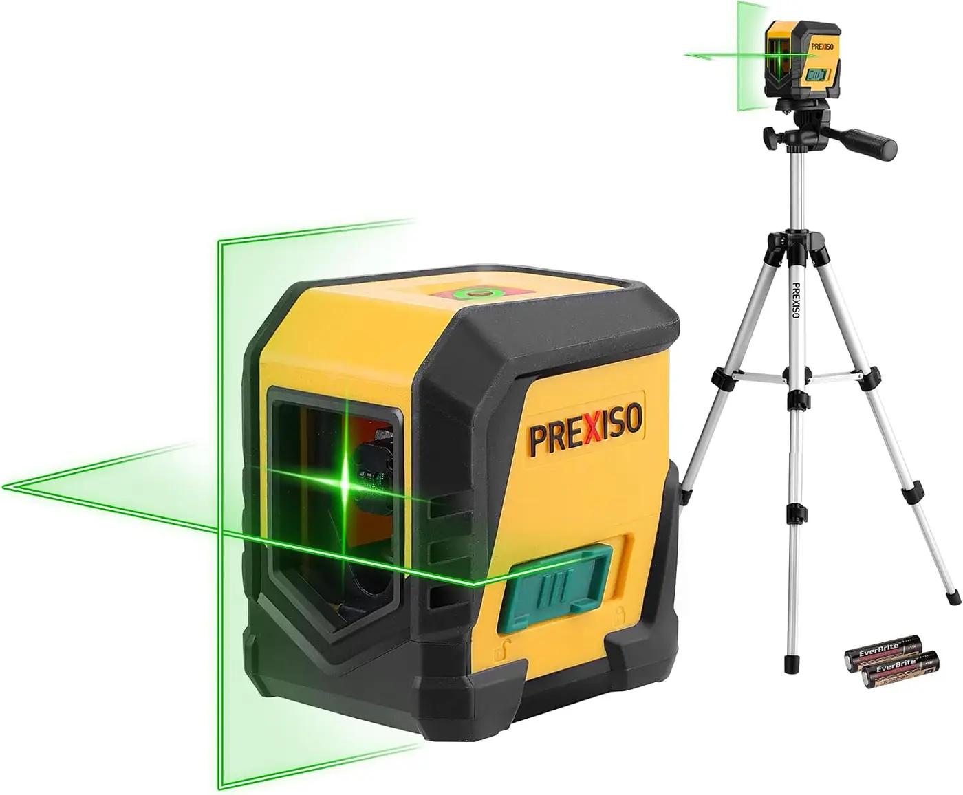 PREXISO Laser Level with Tripod, 65Ft Self Leveling Cross Line Laser Level, Green Line leveler Tool for Hanging Pictures, Home Renovation with LED Indicator &amp; 2 AA Batteries (31-1/2 inch Tripod)