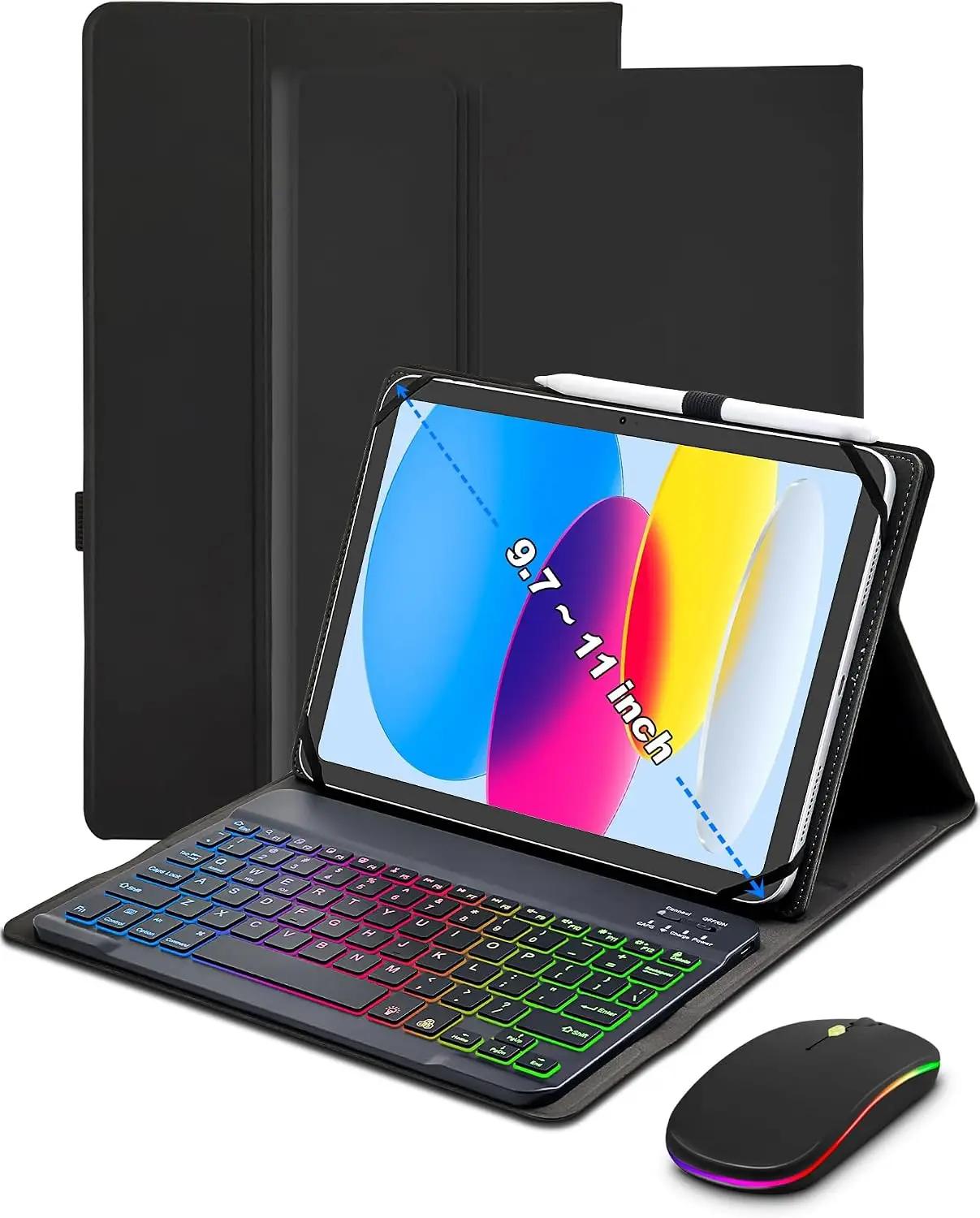 Universal Tablet Keyboard Case for 9.7",10.1",10.2",10.5",10.9",11" iPad Samsung Fire Pixel Android 10.1 inch Tablets, 7 Color Rainbow Backlit Removable Keypad with Pen Holder(Black) +Mouse