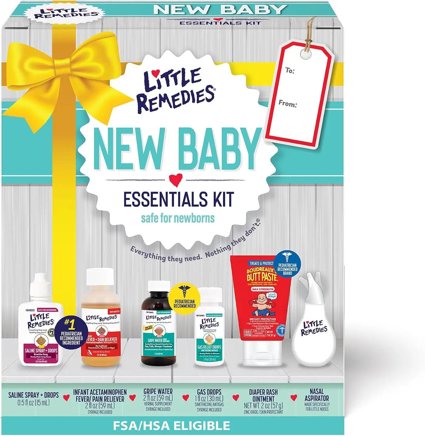 Little Remedies New Baby Essentials Kit with Saline Nasal Spray, Diaper Rash Cream, Gas Relief Drops, Gripe Water &amp; More, Safe for Newborns