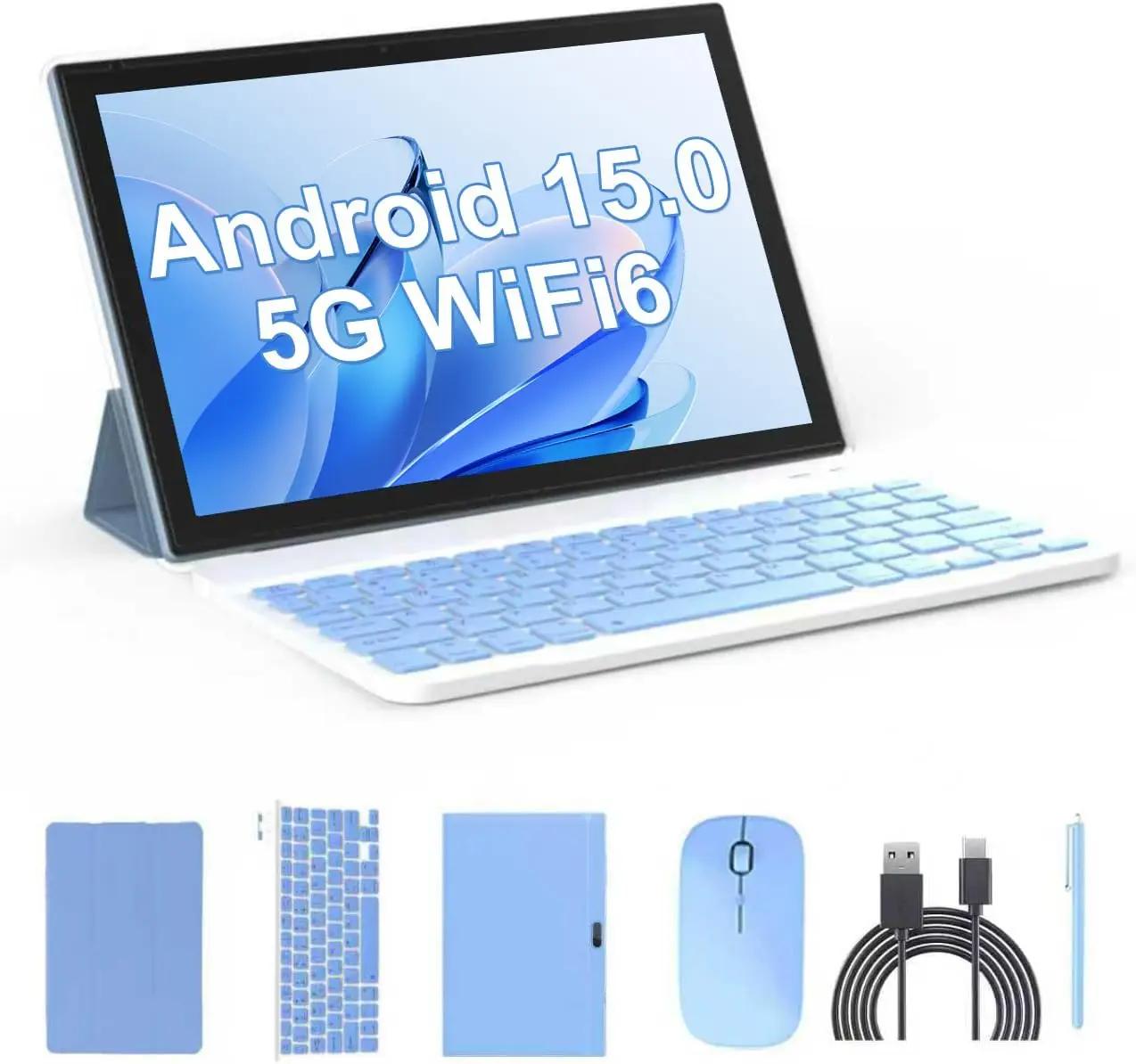 Tablet 2 in 1 Tablets 10 inch Android 15 Tablet Set with Keyboard Case Mouse Stylus Pen, 8GB+32GB Tablets 10.1" HD Touch Screen Tab, 2MP+8MP Dual Camera 6000mAh battery WiFi6 Bluetooth Tableta PC Blue