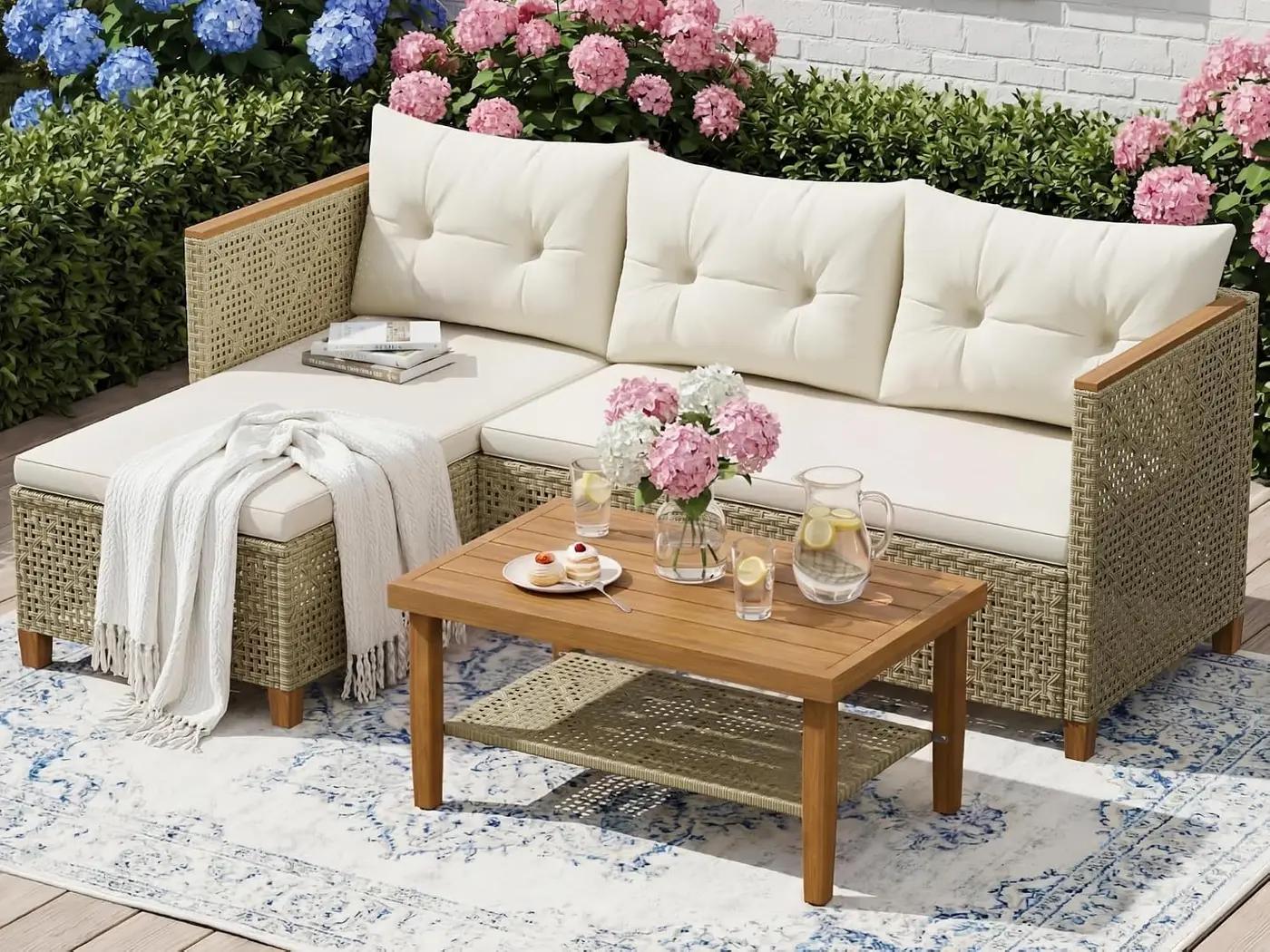 Devoko Wicker Patio Furniture Set, 3 Pieces Outdoor Sofa with Tufted Pillow,PE Rattan Small Sectional Couch Set for Backyard, Deck,Porch &amp; Poolside(Brown)