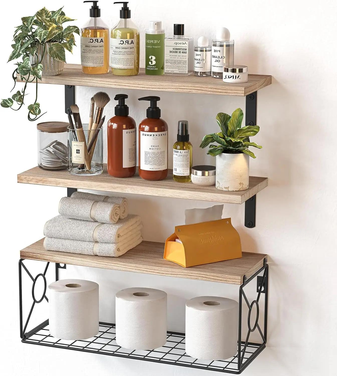Amada Bathroom Shelves Over Toilet with Storage Basket, Floating Wall Shelf for Home Organization &amp; Wall Decor, Bathroom/Kitchen/Living Room Shelves–Natural Wood