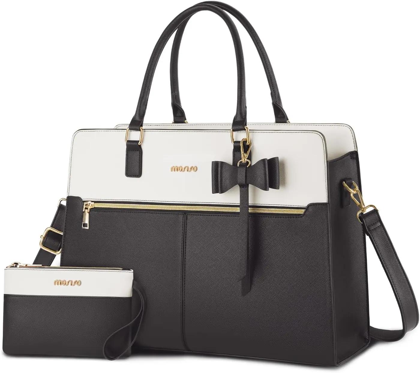MOSISO MOSISO Laptop Tote Bag for Women, 15.6 inch Waterproof PU Leather Work Bag with Clutch Purse &amp; Bowknot, Large Capacity Handbag Shoulder Computer Bags Work Briefcase for Business Teacher Office, Gray Global Recycled Standard