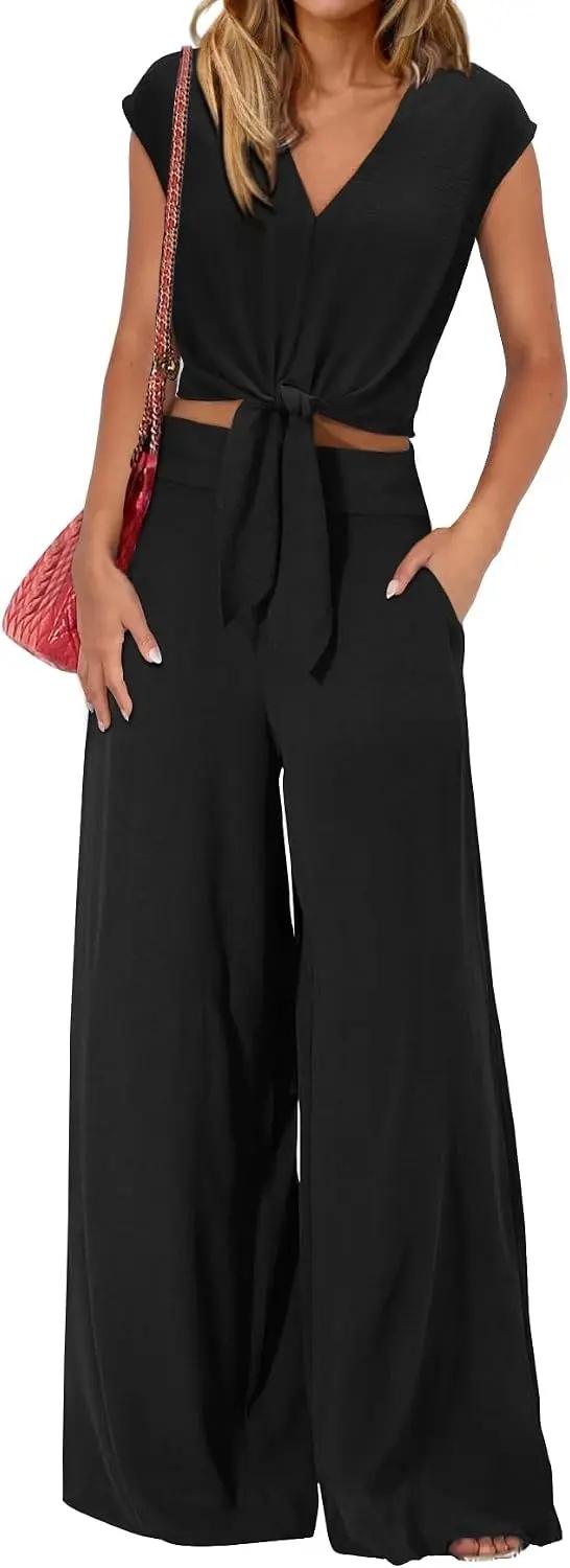 PRETTYGARDEN Women's Summer 2 Piece Outfits 2026 Cap Sleeve V Neck Belted Crop Tops Wide Leg Pant Sets Casual Tracksuit
