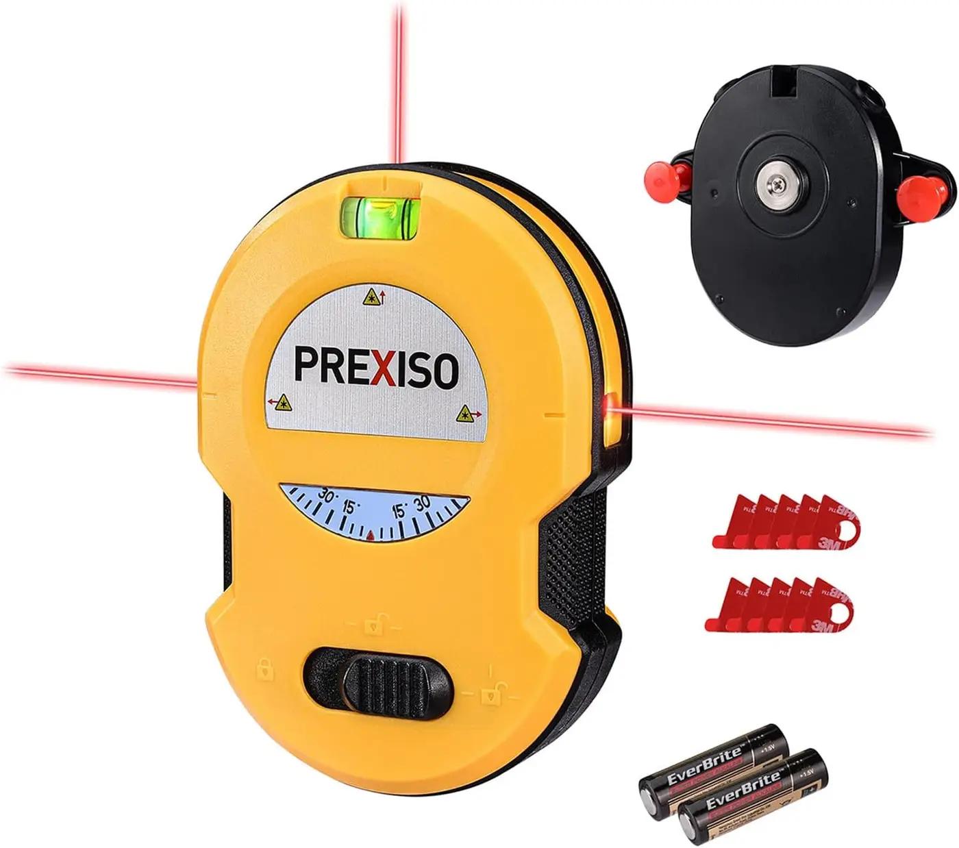 PREXISO Multi Surface Laser Level LED Light Vial, 30Ft Horizontal &amp; Vertical Line Laser with Wall Mount Base, 2 Pins, 10 Sticker, 2 AA Batteries for Hanging Frames &amp; Picture, Construction Wall Writing