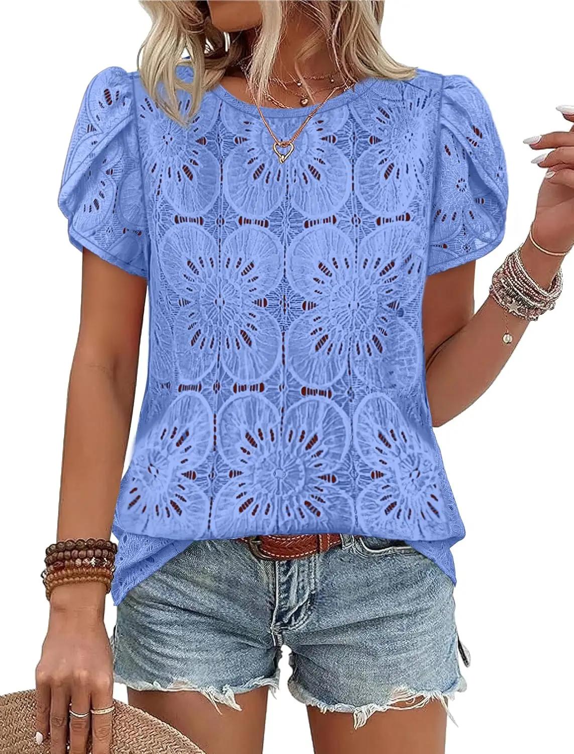 OFEEFAN Blouses for Women Dressy Casual Petal Short Sleeve Shirts Crochet Lace Boho Tops Spring Fashion Summer Outfits OEKO-TEX STANDARD 100