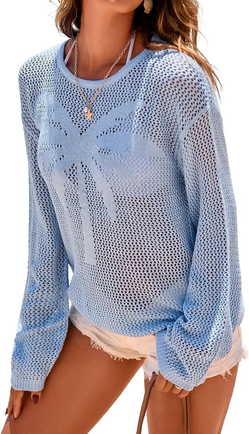 Dokotoo Womens Fashion 2026 Summer Crochet Hollow Out Long Sleeve Sweaters Casual Crewneck Pullover Shirt Beach Coverup