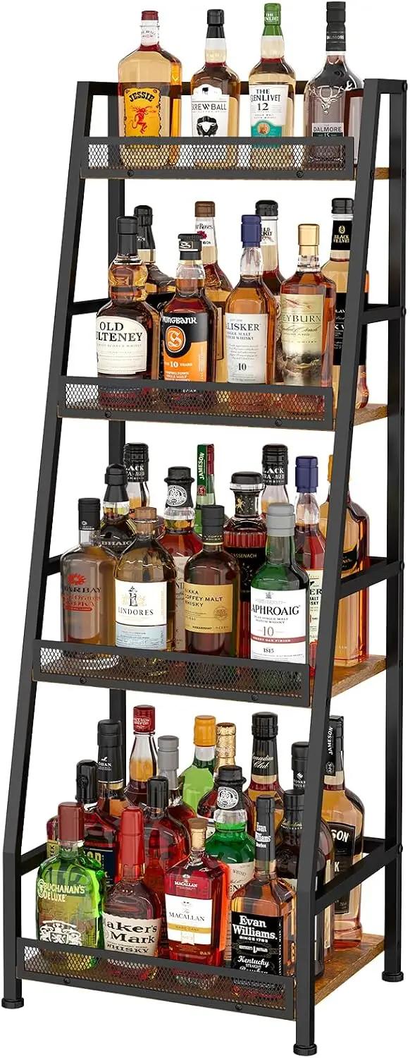 4-Tier Trapezoid Liquor Stand for Home Bar, Stepped Wine Rack Freestanding Floor Liquor Cabinet for Whiskey Wine, Versatile Corner Wine Bottle Display Stand with Fences, Vintage Brown（Patent Pending）