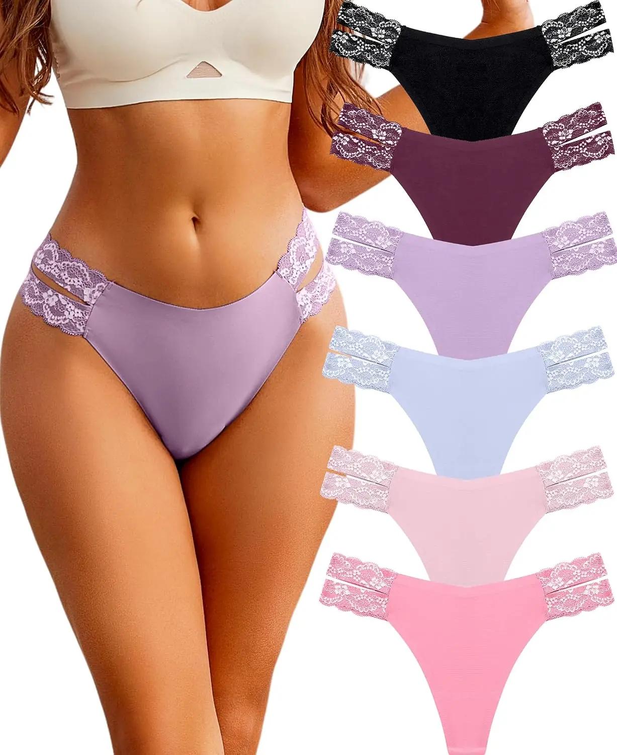 FINETOO Seamless Thongs for Women 6 Pack Sexy V-Wasit Womens Underwear No Show T-back Panties for Women