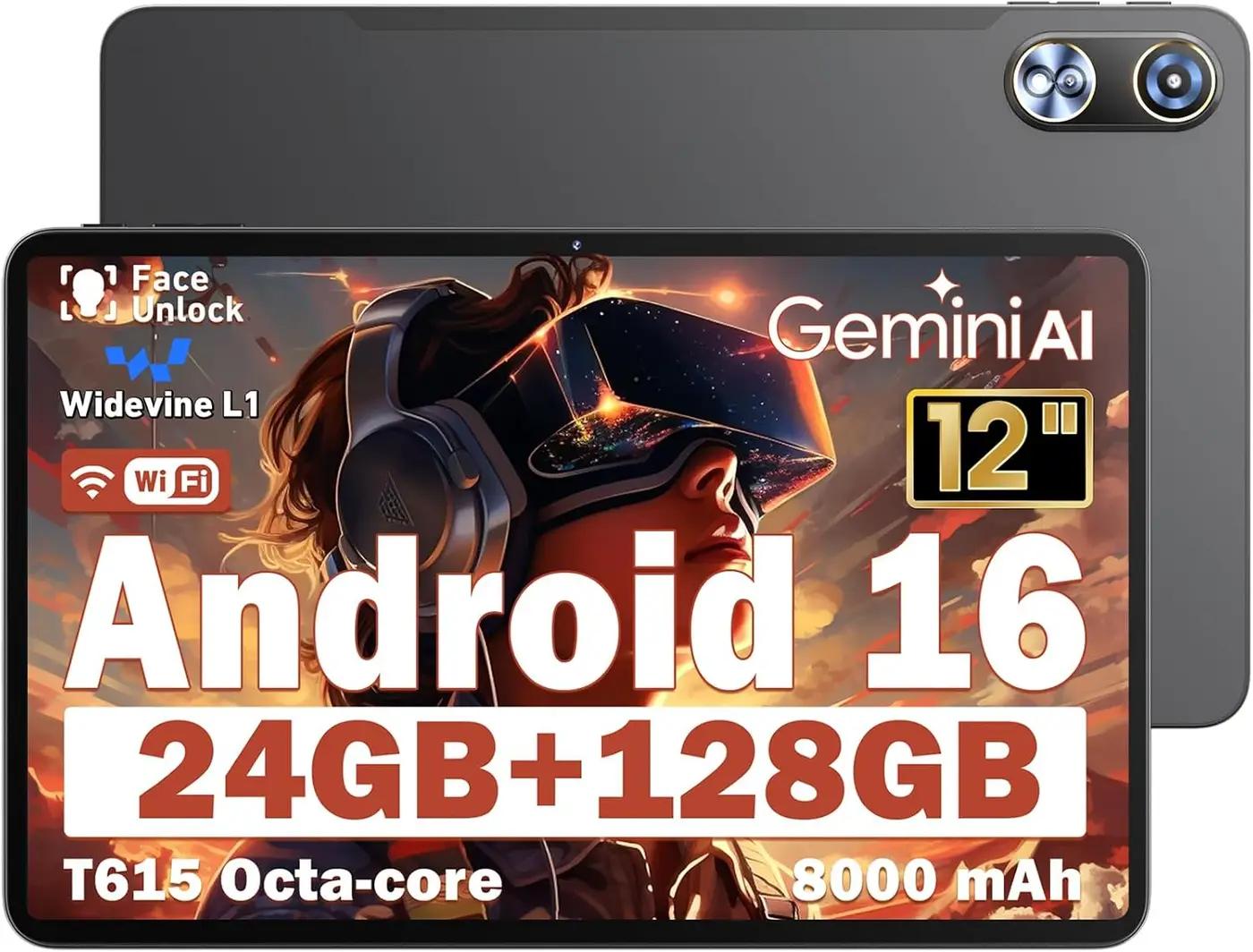 Android 16 Tablet 11.97 Inch, 24GB RAM 128GB ROM (Expandable 1TB), 2000×1200 IPS Full HD Display, 8000mAh Long Battery, 8MP+16MP Dual Camera, Widevine L1