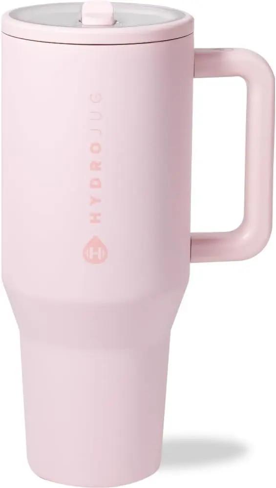 HydroJug HydroJug Traveler - 40 oz Water Bottle with Handle &amp; Flip Straw - Fits in Cup Holder, Leak Resistant Tumbler-Reusable Insulated Stainless Steel &amp; Rubber Base - Gifts for Women &amp; Men, Pink Sand