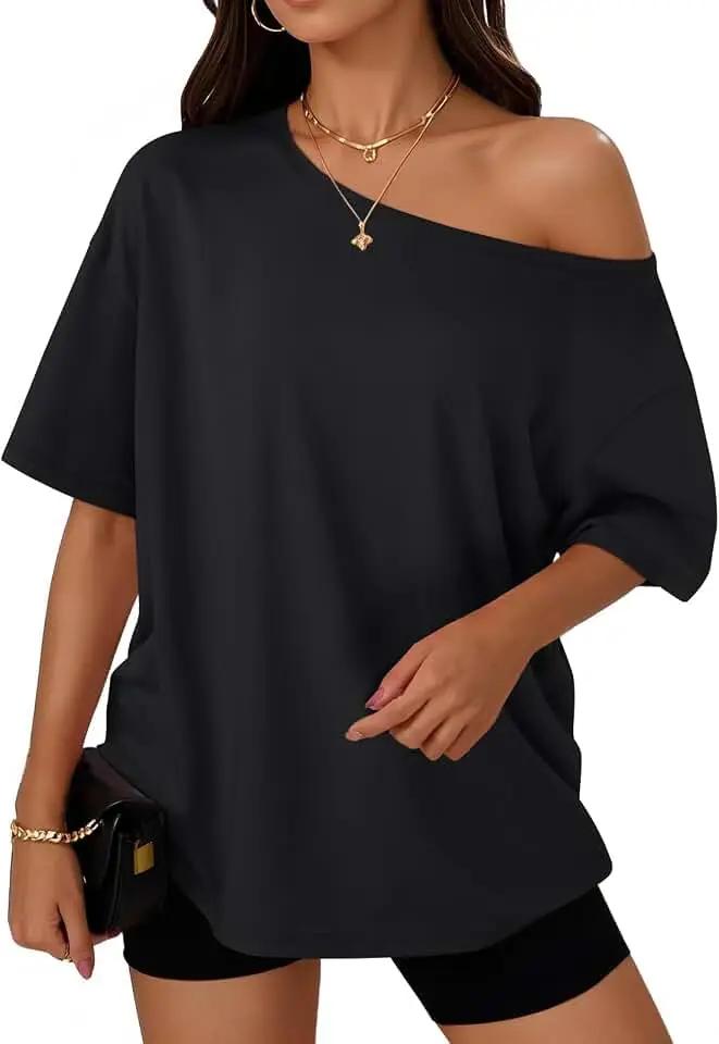 Trendy Queen Womens Off the Shoulder Tops Oversized T-Shirts Short Sleeve Tees Summer 2026 Casual Spring Clothes OEKO-TEX STANDARD 100