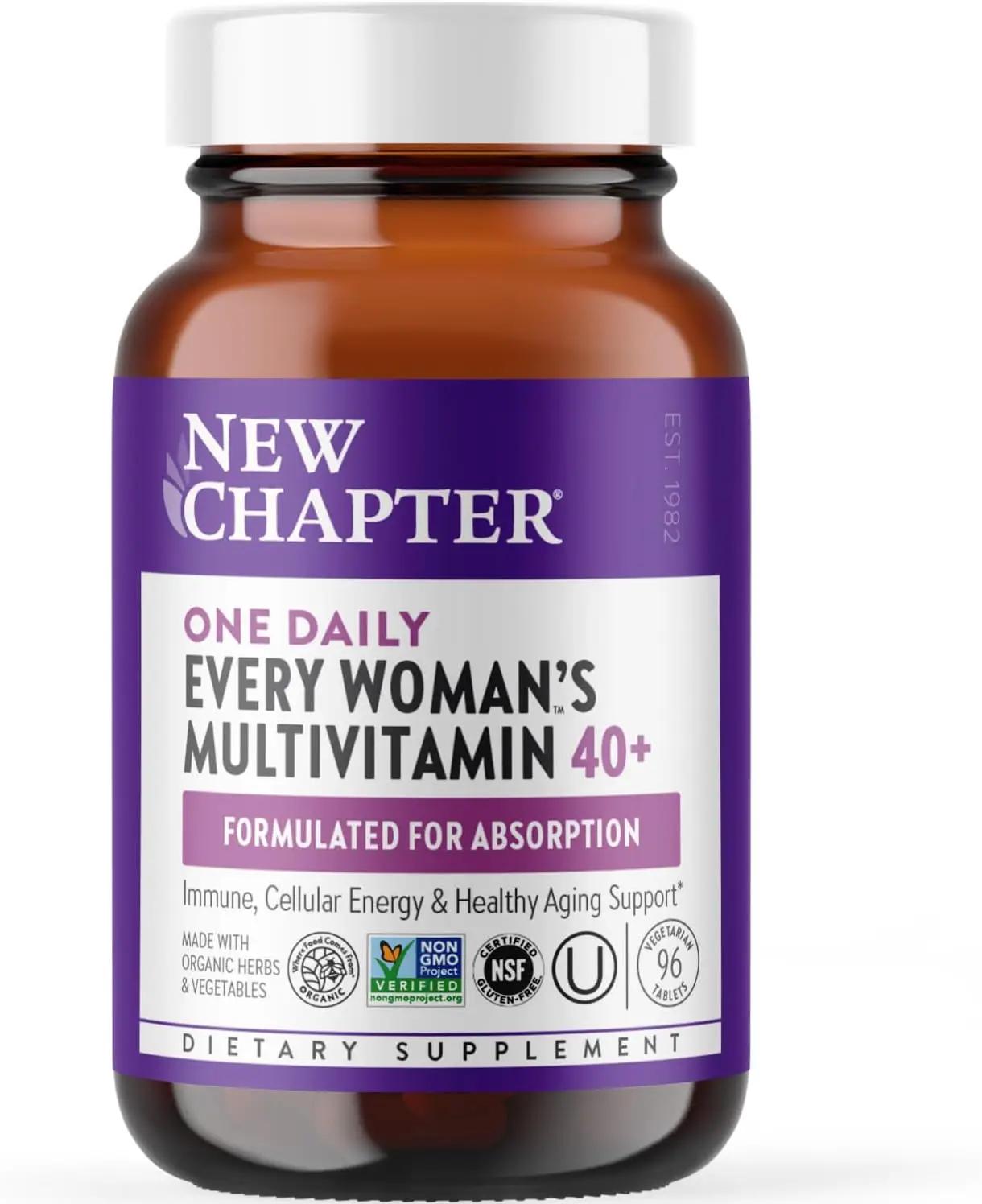 New Chapter Women’s Multivitamin 40+, extra B6 &amp; B12, Biotin for Hair Growth, D3, Vit C, Zinc for Immune &amp; Stress Support, Gentle on an Empty Stomach, One Daily, Non-GMO, Gluten-Free, 96 Tablets ClimeCo Certified