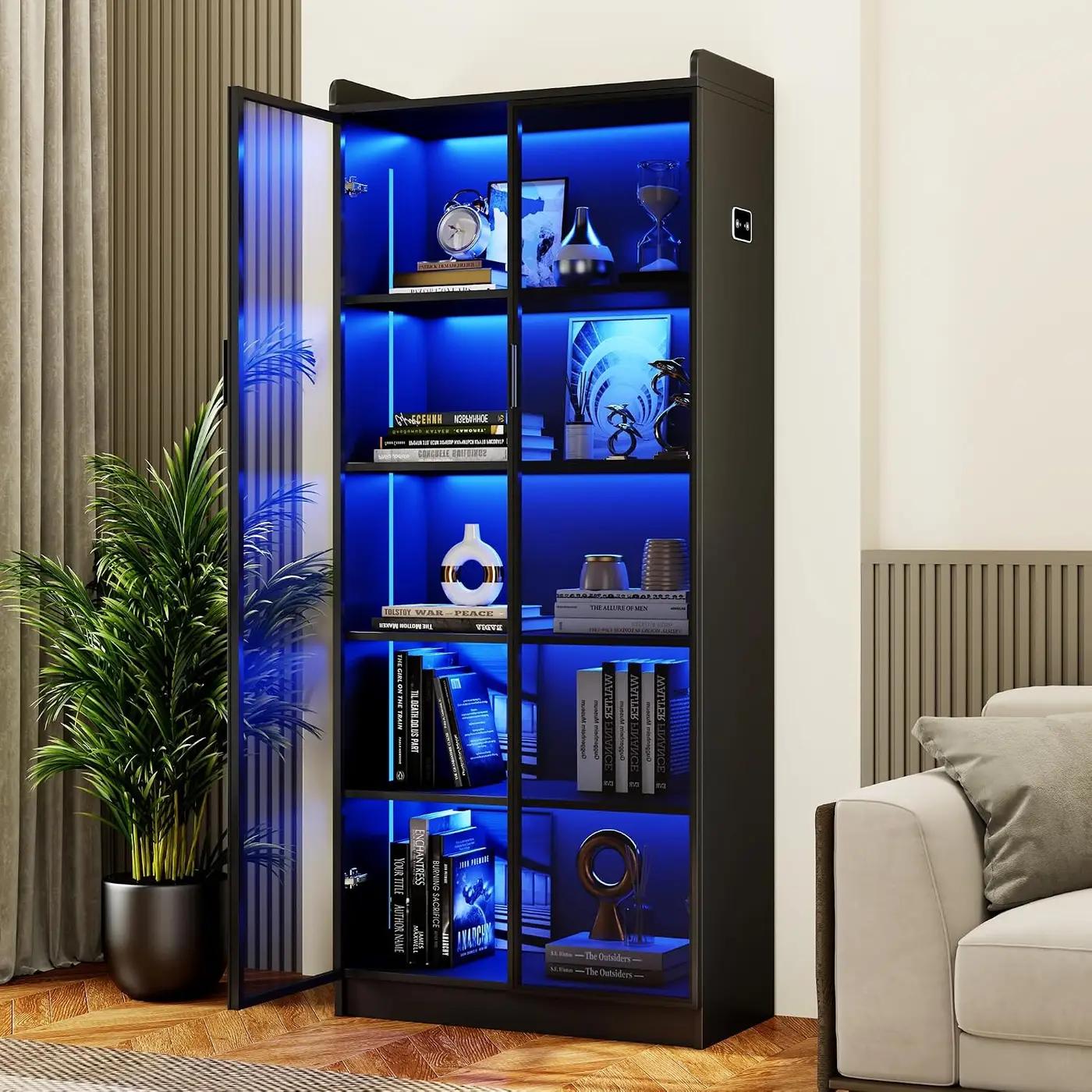 Dystler Display Cabinet with Doors and Adjustable Shelves, 65" Tall Bookcase with LED Lights/Human Sensor, 5 Tier Display Case for Collectibles Bedroom Living Room Office, Black The Forest Stewardship Council