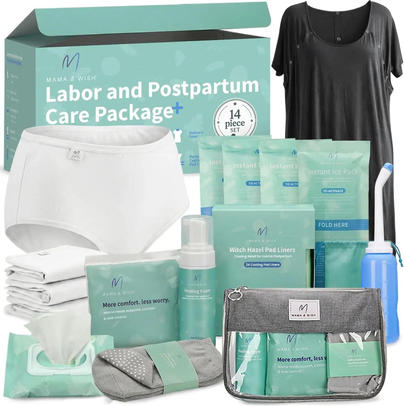 Mama &amp; Wish® Postpartum Essentials Kit (14-Piece) - Includes Hospital Post Partum Essentials for Women After Birth, Labor and Delivery Gown, Peri Bottle, Witch Hazel Foam, Pad Liners &amp; More!