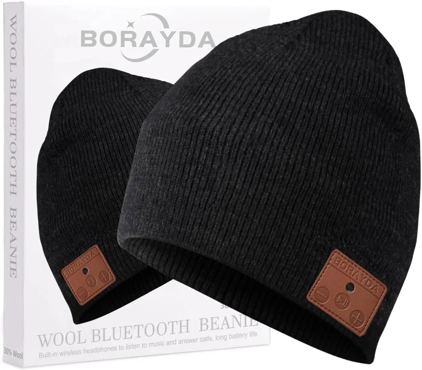 BORAYDA Merino Wool Bluetooth Beanie, HD Stereo,30 Hours Play Time,Built-in Microphone, Men's/Women's Christmas Electronic Gift (Black)