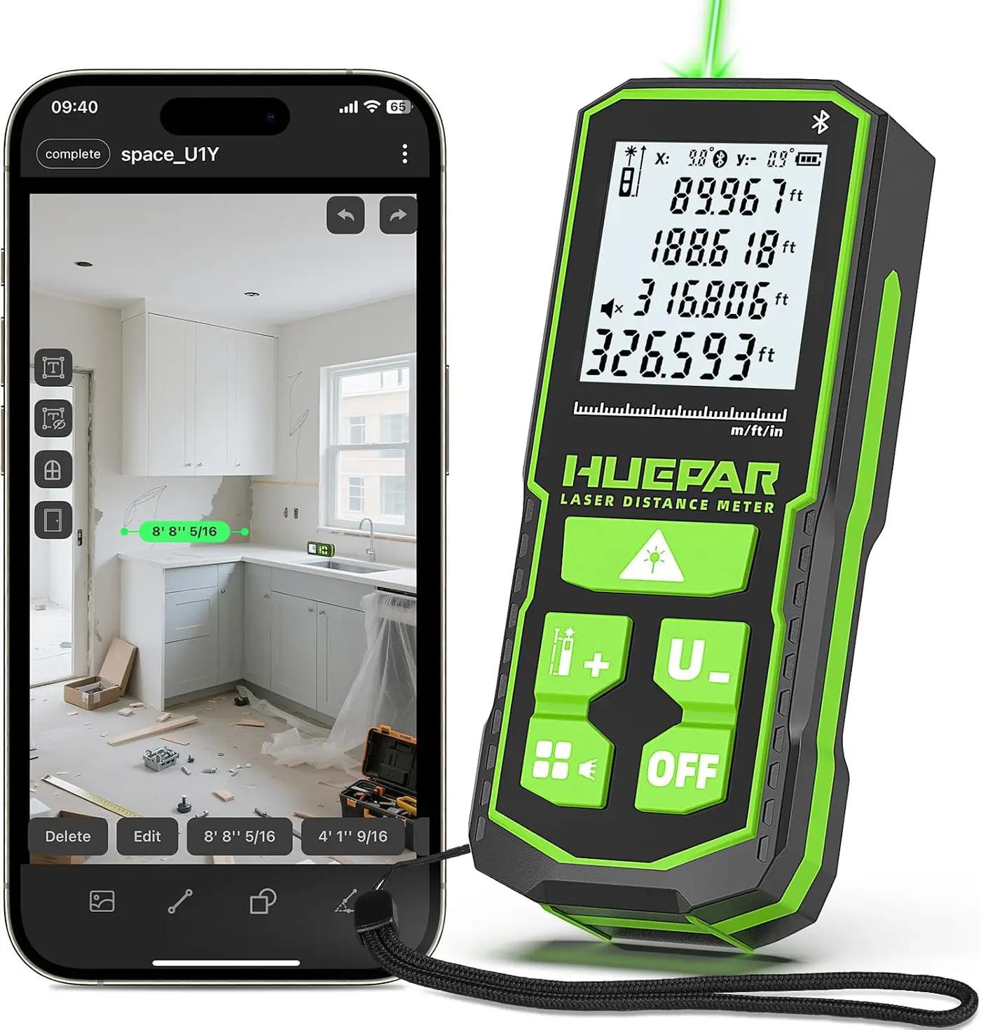 Huepar 330Ft Green Laser Measurement Tool with APP Control, Rechargeable Bluetooth Distance Meter ±1/16" High Accuracy, Angle Sensor, Multiple Modes, IP54 Waterproof Durable for Home &amp; Construction Global Recycled Standard