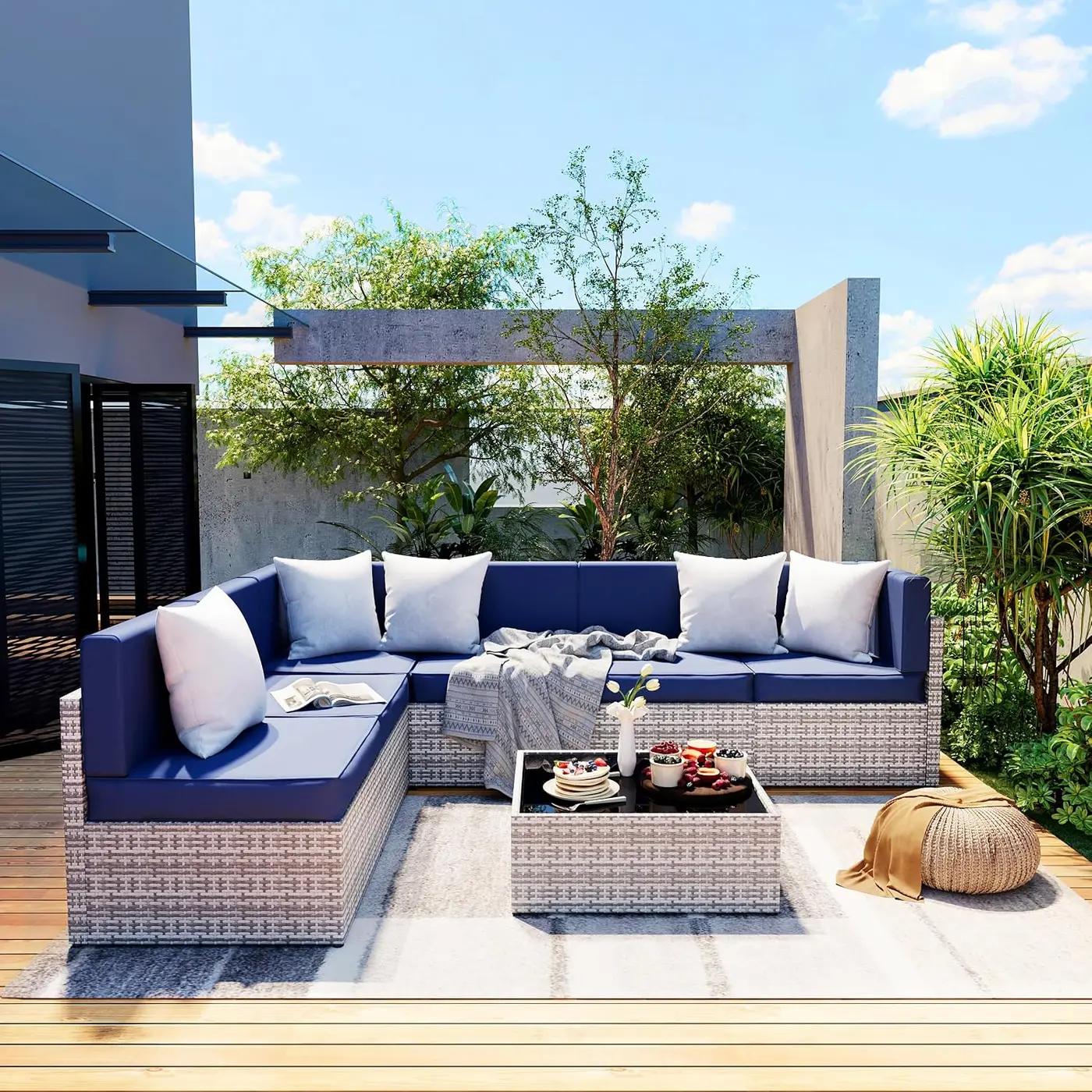 Pamapic 7 Piece Outdoor Sectional Sofa Set, All-Weather Patio Furniture with Washable Cushions, Waterproof Gray Rattan Wicker Conversation Set for Backyard, Poolside, Garden (Navy Blue Cushions)