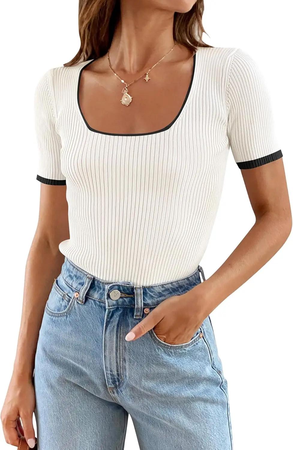 ZESICA Women's Short Sleeve Square Neck Color Block T Shirt 2026 Summer Slim Fit Ribbed Knit Basic Tee Tops
