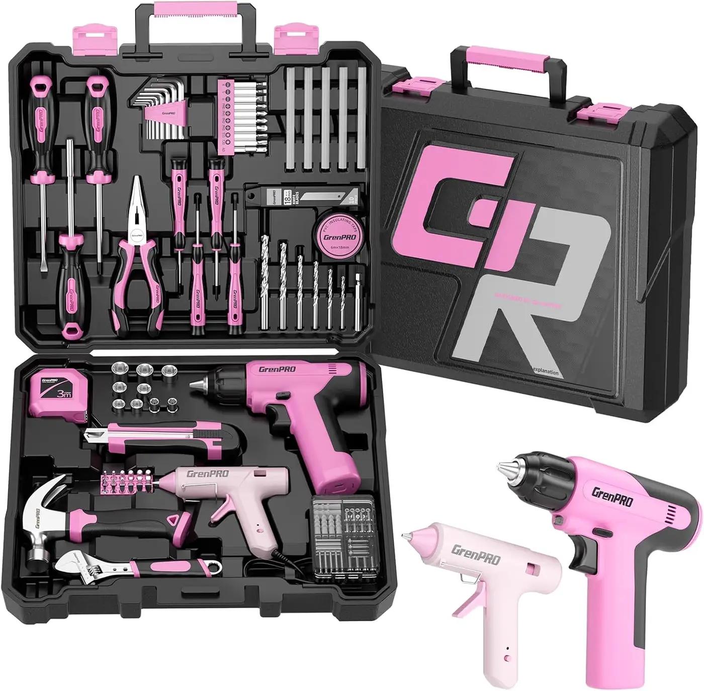 GRENPRO Pink Tool Set Drill Set, 188PCS Tool Kit For Home with Pink Cordless Drill Power, Hand Tool Kit for Women, Basic Household Auto Car Repair Tool Box for Men, Portable Storage Box Tools Sets