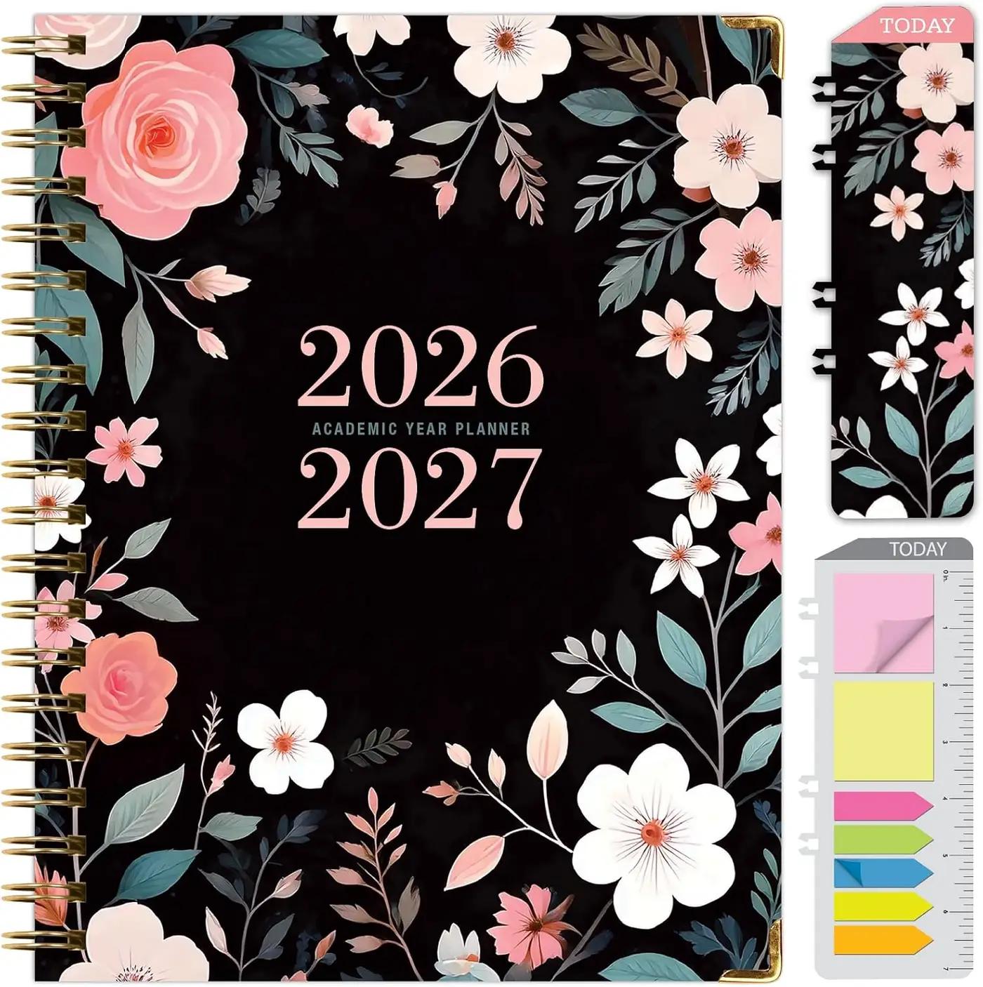 HARDCOVER Academic Year 2026-2027 Planner: 14 Months (May 2026 Through June 2027) 8.5"x 11" Daily Weekly Monthly Planner Yearly Agenda. Bookmark, Pocket Folder and Sticky Note Set (Black Floral Pink)