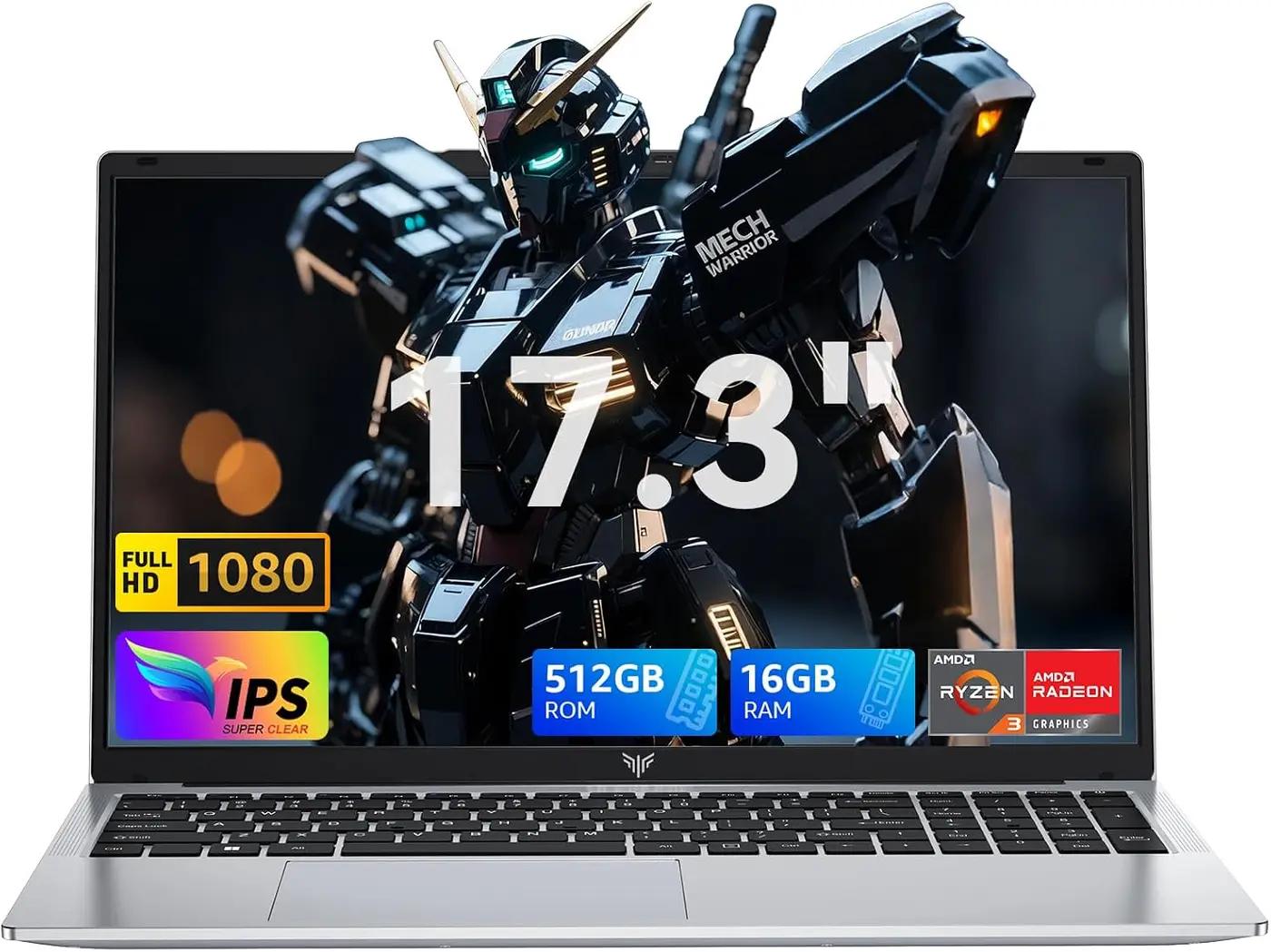 MALLRACE 17.3 Inch Laptop,Ryzen 3 4300U (Beat AMD Ryzen 5 3500U,up to 3.7GHz) 16GB DDR4 RAM 512GB SSD Business Laptop with Webcam,Type-C,62.7Wh Battery,Numeric KB,Silver