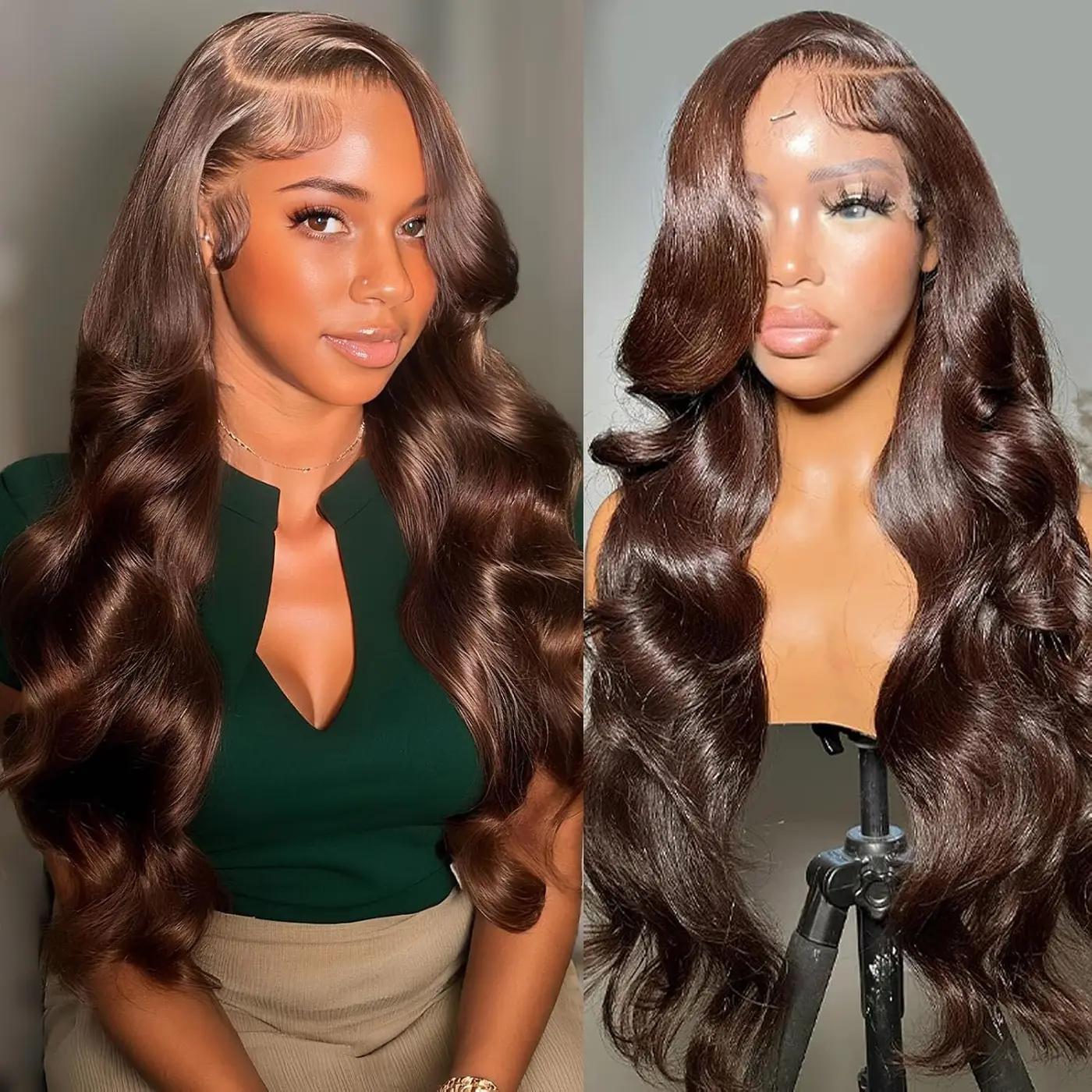 VRBest Chocolate Brown Lace Front Wig Human Hair Body Wave 13x6 HD Lace Front Wigs Pre Plucked 4# Colored Brown Wig Human Hair Wigs for Black Women 18 inch
