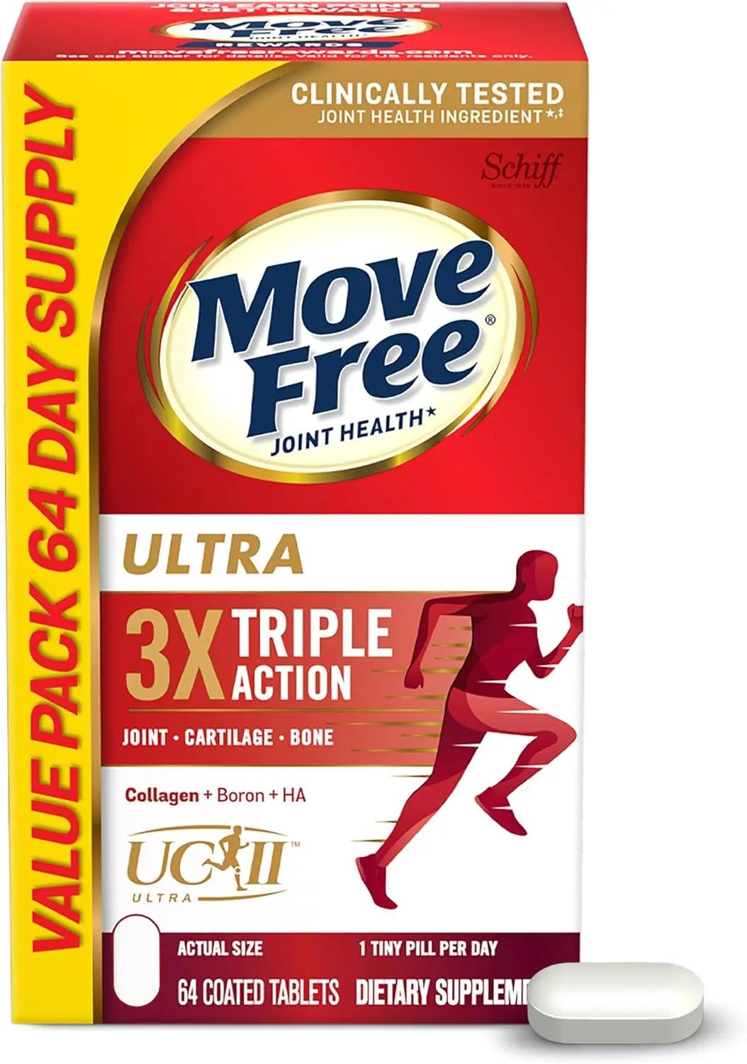 Move Free Ultra Triple Action Joint Support Supplement - Type II Collagen Boron &amp; Hyaluronic Acid - Supports Joint Comfort, Cartiliage &amp; Bones in 1 Tiny Pill Per Day, 64 Tablets (64 servings)*