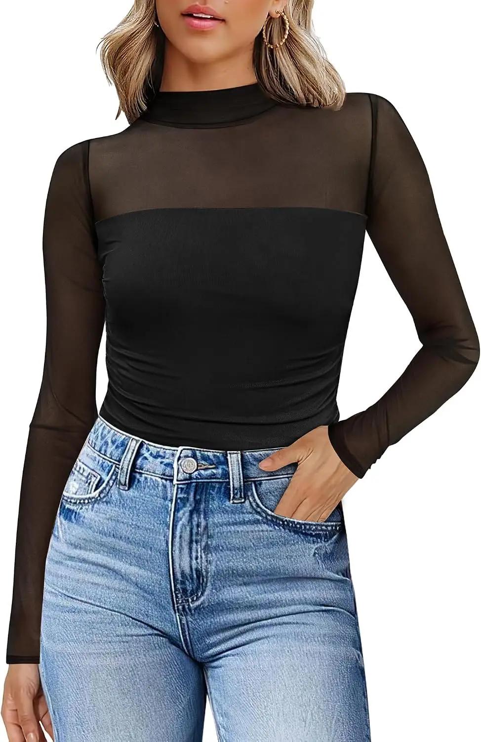 WIHOLL Womens Sexy Mesh Long Sleeve Shirts Fashion Clothing Turtle Necks Sheer Ruched Going Out Tops Fall Outfits Slim Fit Blouses OEKO-TEX STANDARD 100