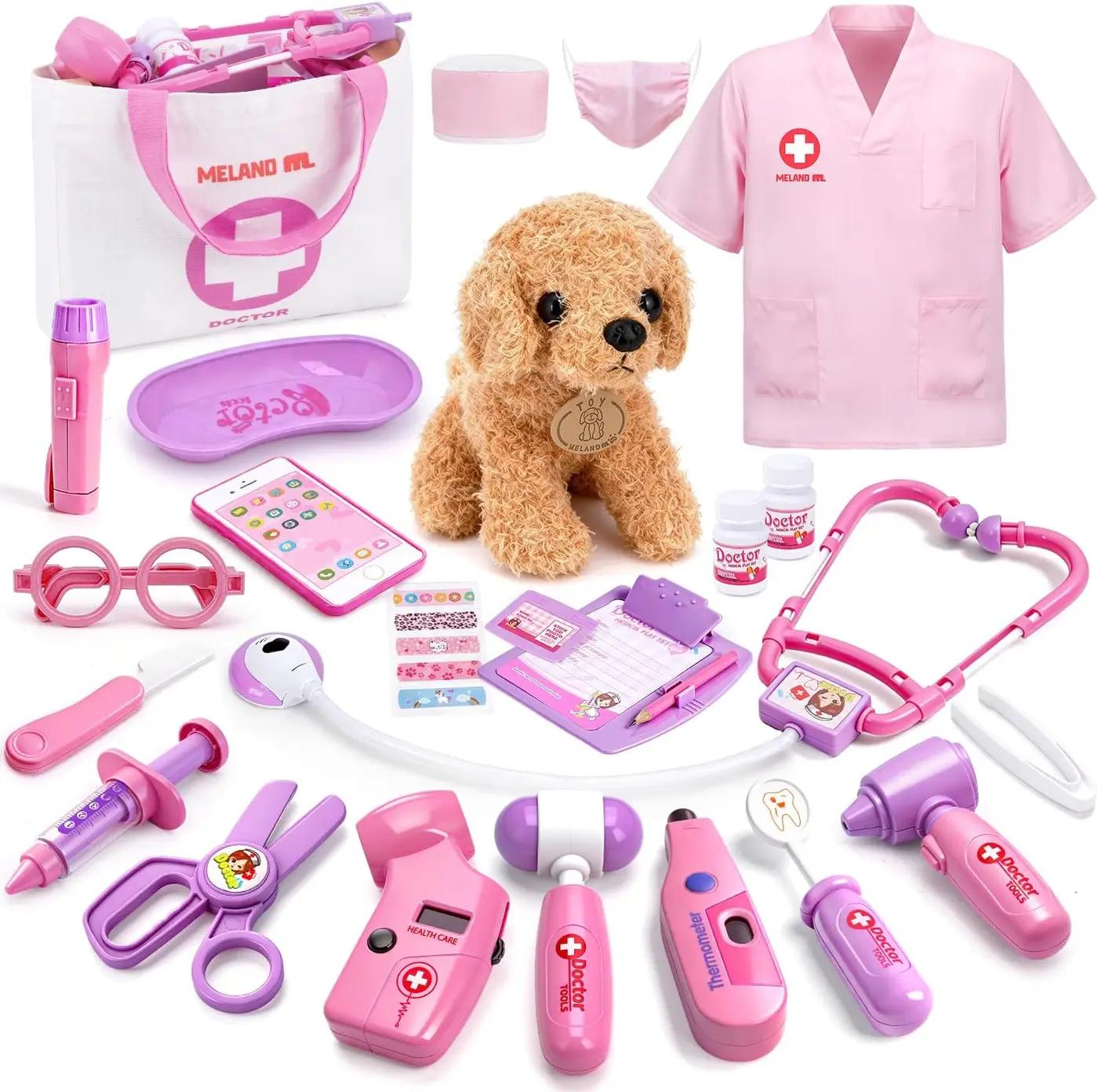 Meland Toy Doctor Kit for Girls, Pretend Play Toy Doctor Set with Dog , Carrying Bag, Stethoscope &amp; Dress Up Costume Gift for Kids Toddlers Ages 3 4 5 6 Year Old for Role Play
