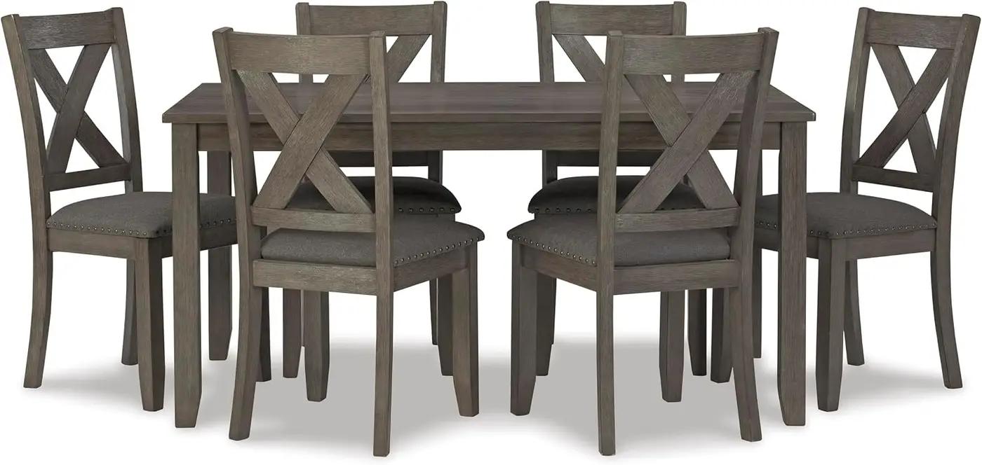 Signature Design by Ashley Caitbrook Rustic 7-Piece Dining Set – Rectangular Table with 6 X-Back Upholstered Chairs, Gray