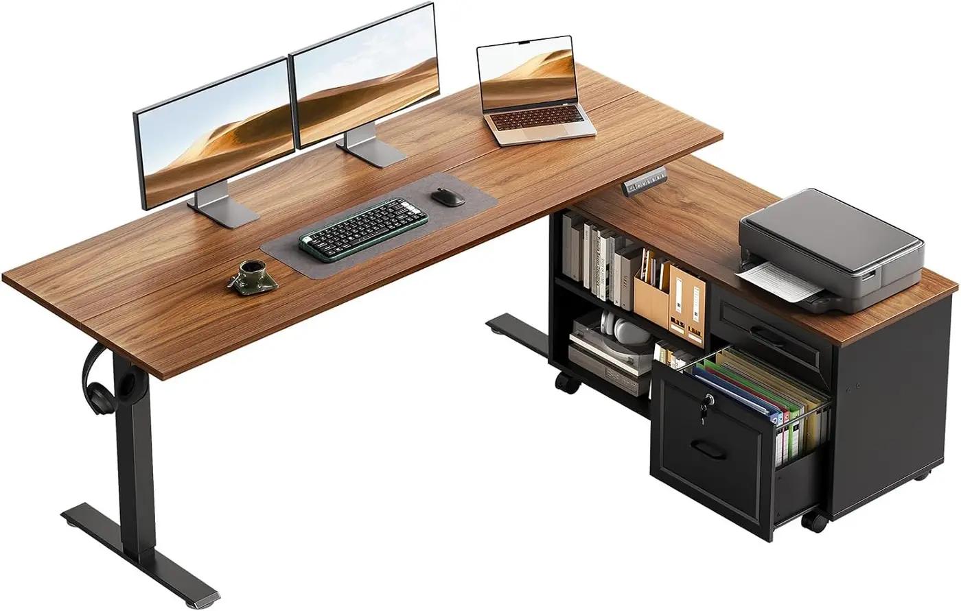 OffiGo 55 Inch L Shaped Electric Standing Desk with Drawers &amp; File Cabinet Sets, Executive Sit Stand Desk, Height Adjustable Computer Desk for Home Office, Writing, Workstation, Walnut+Black