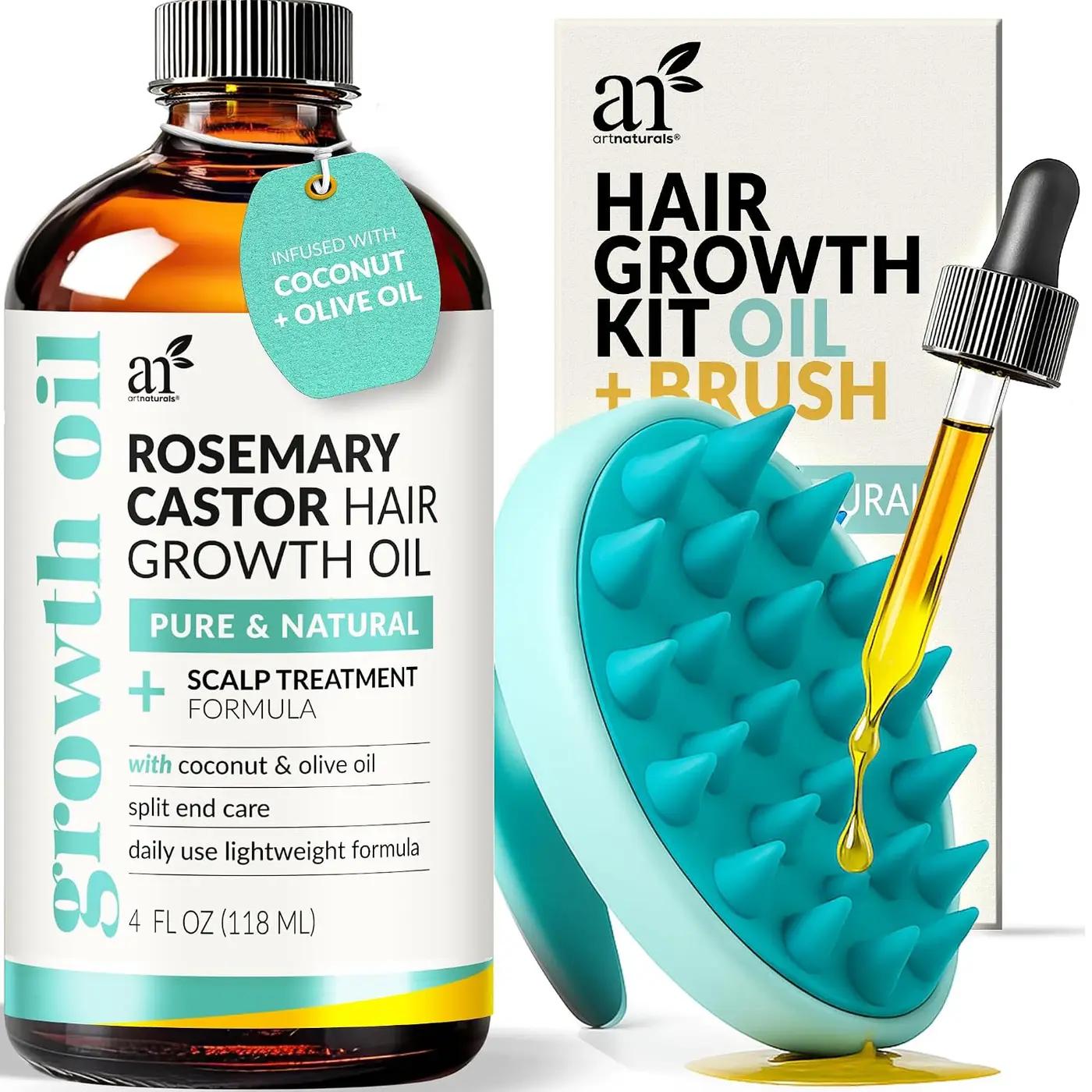 Artnaturals Organic Rosemary Castor Hair Oil + Massager Hair Growth Set Hair Growth Oil 4 ounces with Coconut &amp; Olive Oil for Dry, Damaged &amp; Split End