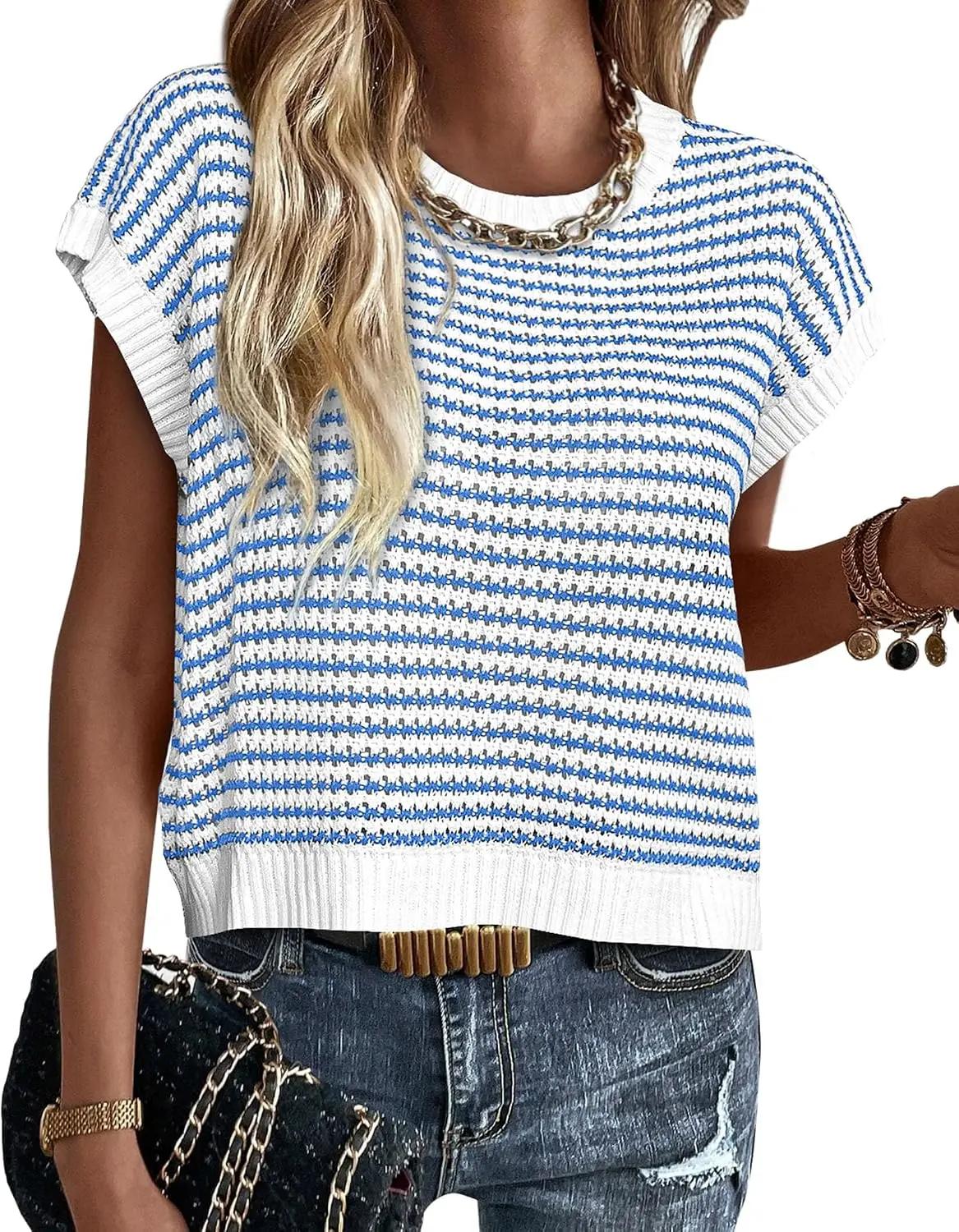 PRETTYGARDEN Womens Short Sleeve Sweater Spring Summer 2026 Round Neck Striped Pullover Cap Sleeve Knit Sweater Vest Tops OEKO-TEX STANDARD 100