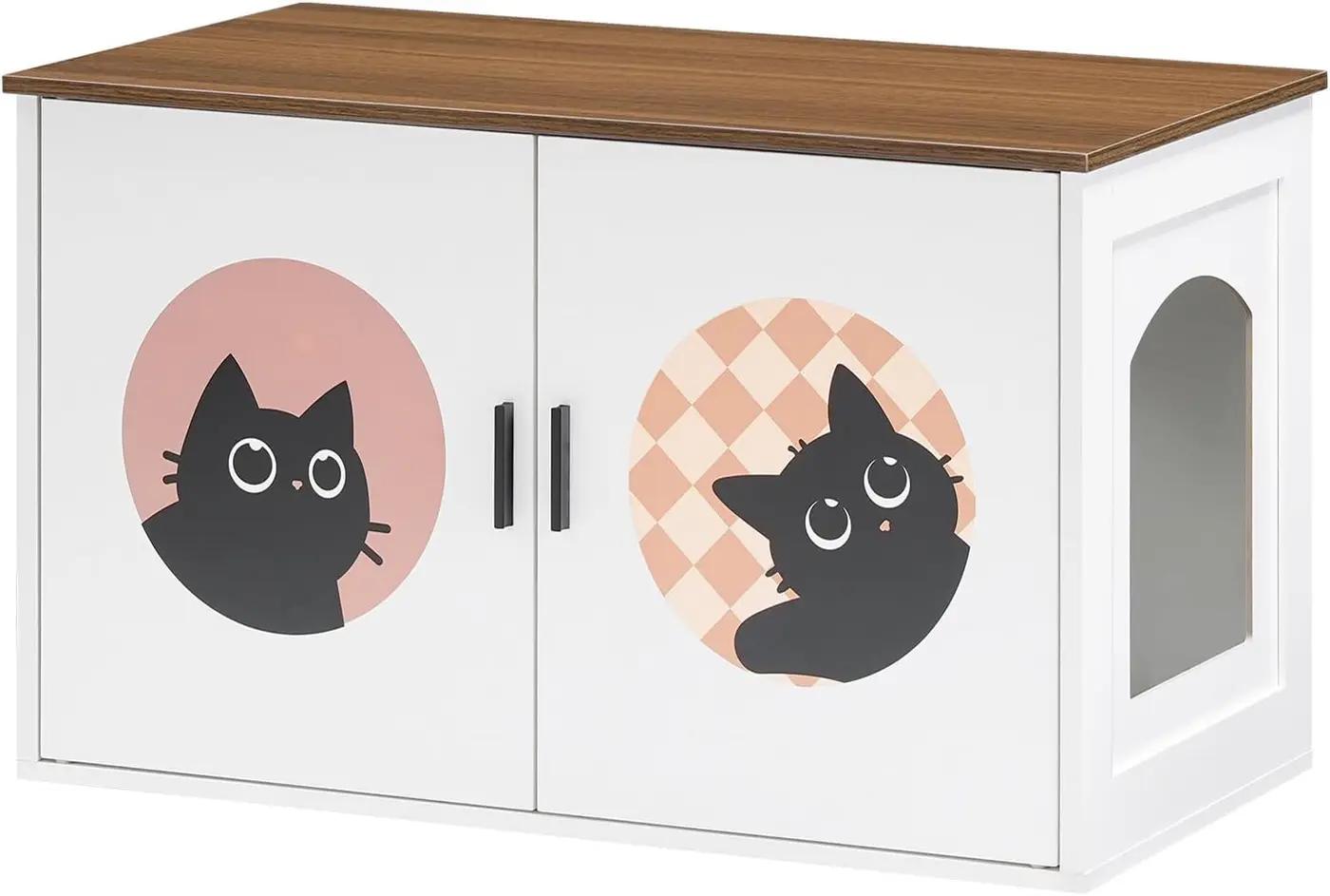 HOOBRO Hidden Litter Box Furniture, Large Cat Litter Box Enclosure Furniture, Wooden Litter Box Cabinet with Cute Cat Patterns &amp; Arched Entrance, 31.3" L x 17.7" W x 17.3" H, White &amp; Walnut