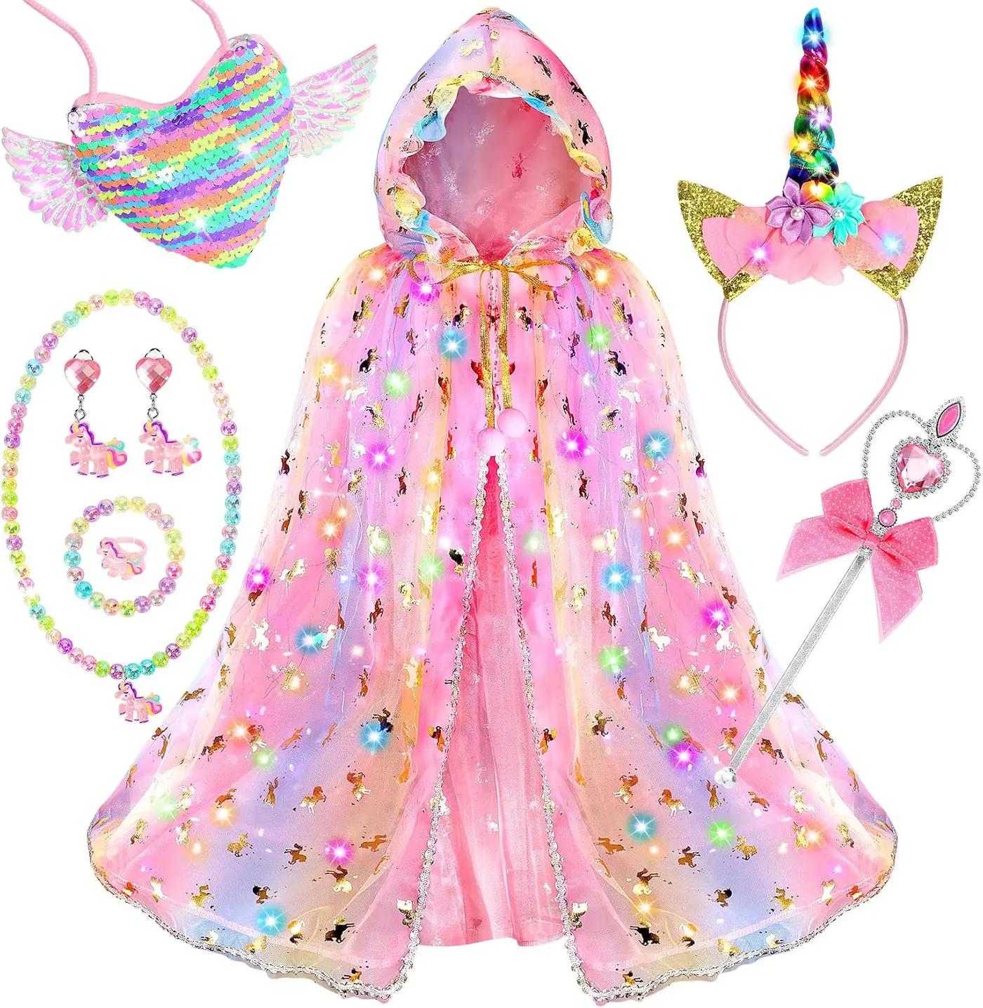 Fedio Princess Dress up for Girls,Unicorn Light up Princess Cape Set,Light up Princess Dress with Unicorn Toys for Girls 3-8