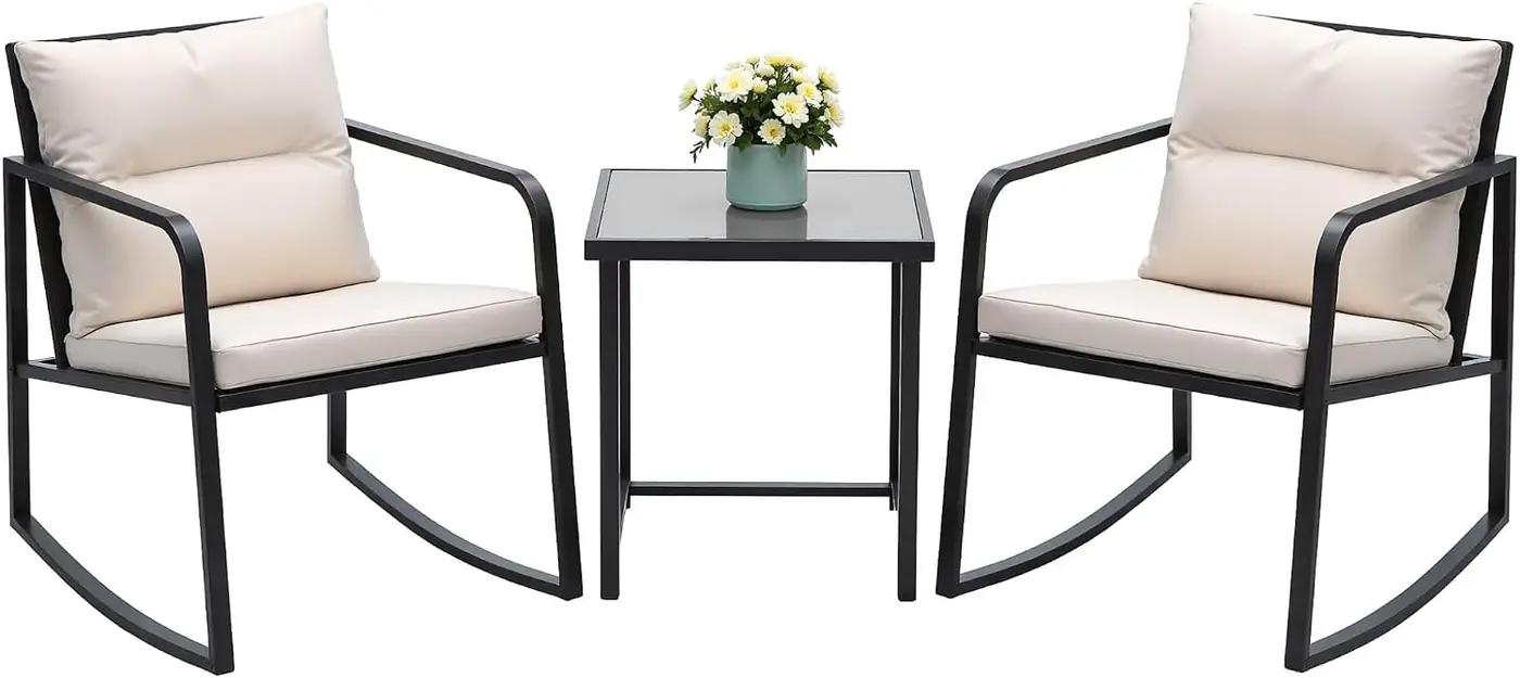 Devoko 3 Piece Rocking Bistro Set Wicker Patio Outdoor Furniture Porch Chairs Conversation Sets with Glass Coffee Table (Beige)