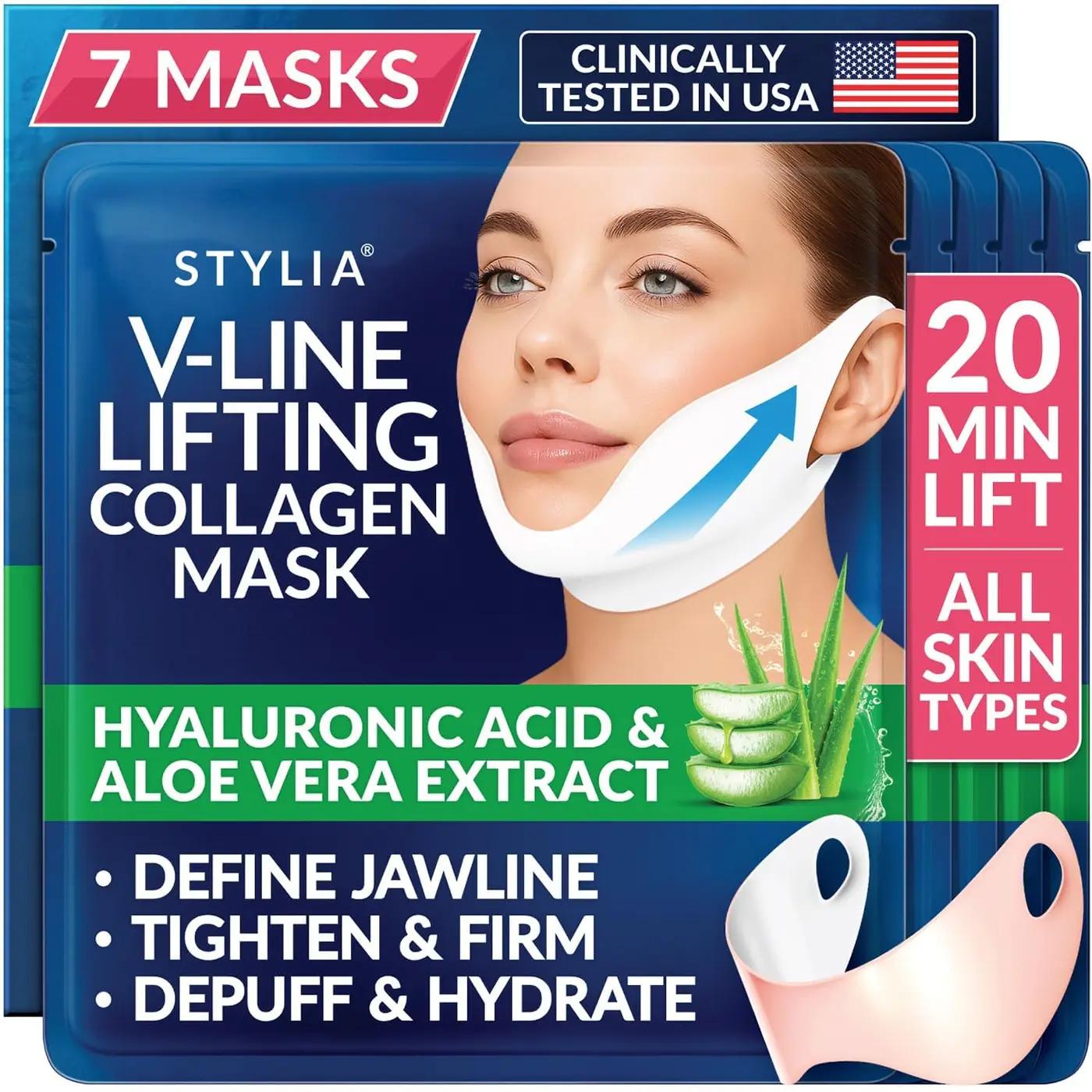 Stylia V Line Lifting Collagen Mask - Lift, Firm &amp; Contour Jawline - Tightening Double Chin Strap with Hyaluronic Acid &amp; Aloe - Neck Tightening and Lifting Mask - Jawline Shaper Face Lift Tape (7PC)