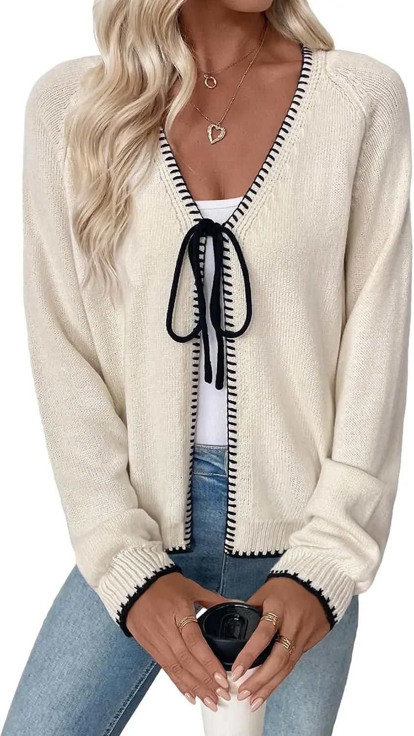 EVALESS Womens Cardigan Sweaters Trendy V Neck Long Sleeve Open Front Bow Tie Knit Chunky Lightweight Fall Outerwear