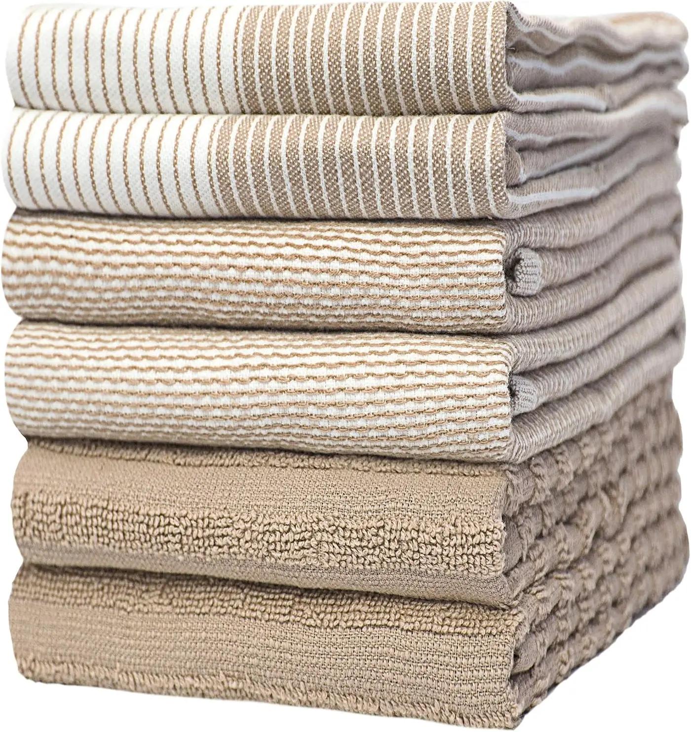 Premium Kitchen Towels (20”x 28”, 6 Pack) | Large Cotton Dish Towels | Flat &amp; Terry Highly Absorbent Kitchen Linen Set with Hanging Loop | Tan