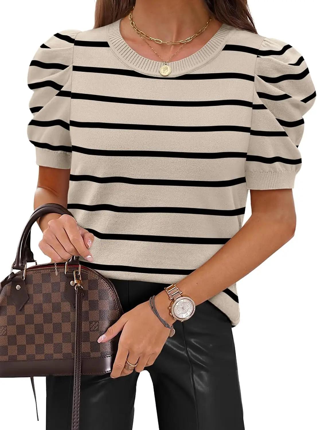 Sampeel Short Puff Sleeve Sweaters for Women Knit Tops 2026 Trendy Crewneck Striped T Shirts Casual Summer Blouses